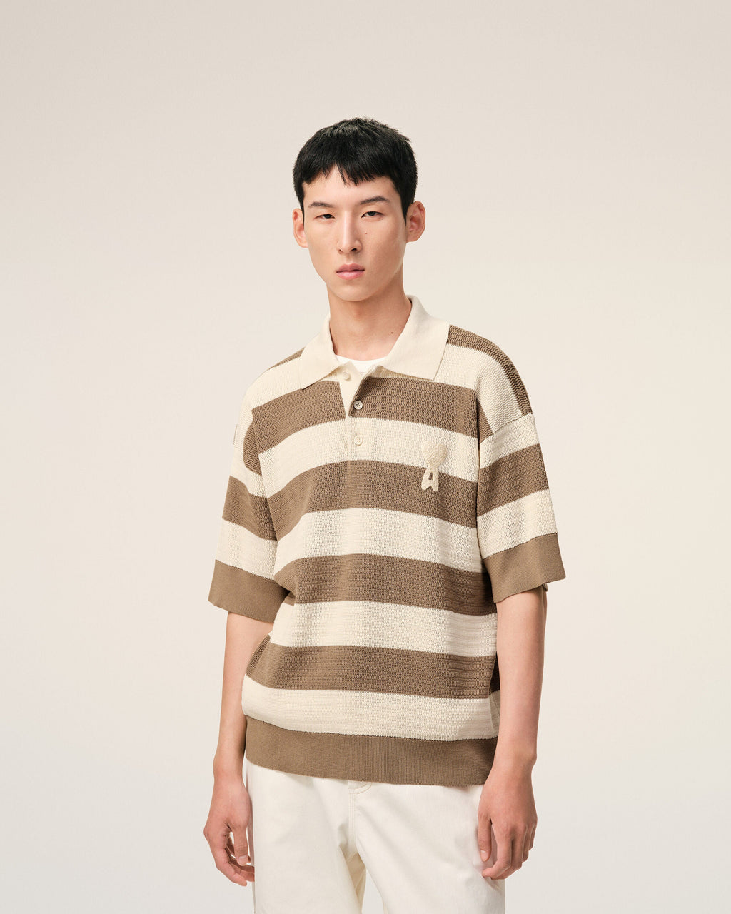White And Brown Cotton Ami De Coeur Polo