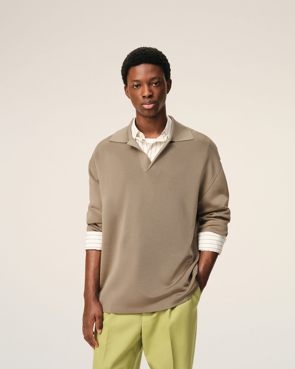 Beige Wool Long Sleeves Polo