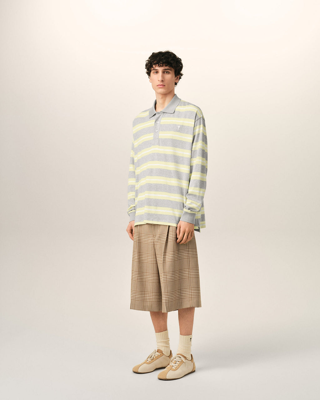 Grey And Yellow Strapped Cotton Polo