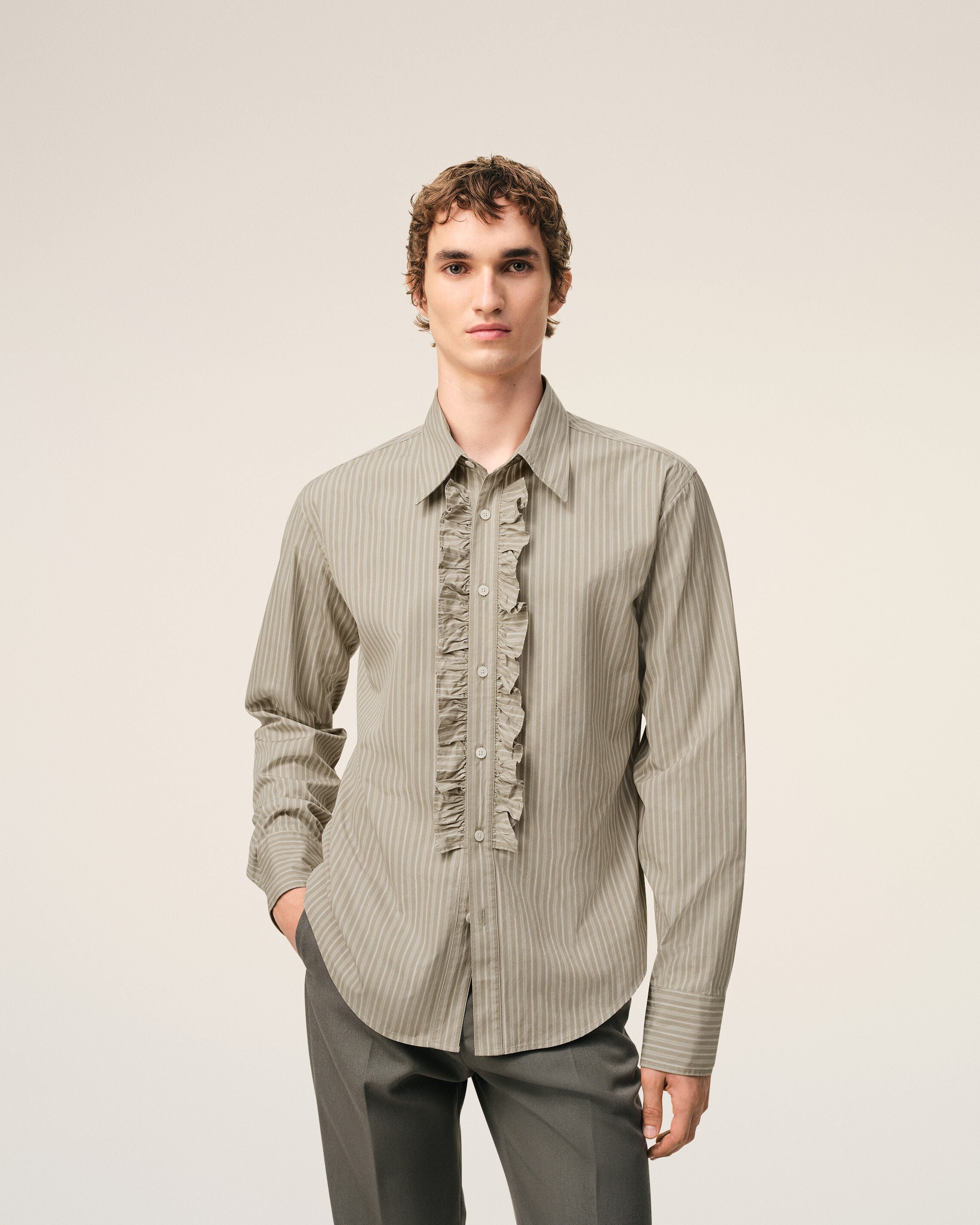Beige Cotton Long Sleeve Ruffled Adjusted Shirt