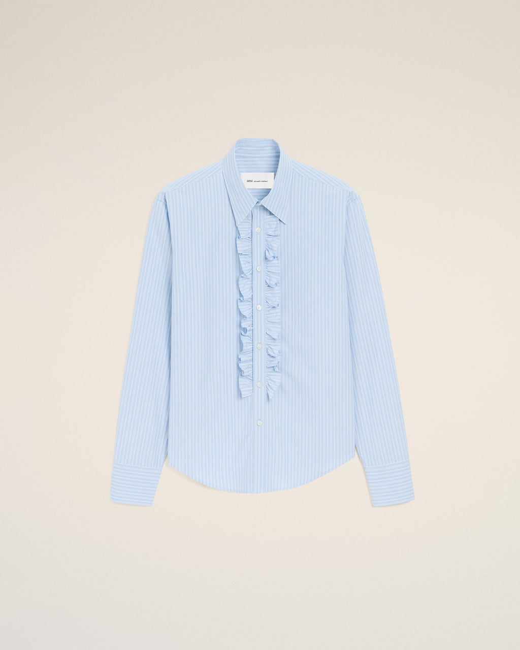 Blue Cotton Long Sleeve Ruffled Adjusted Shirt