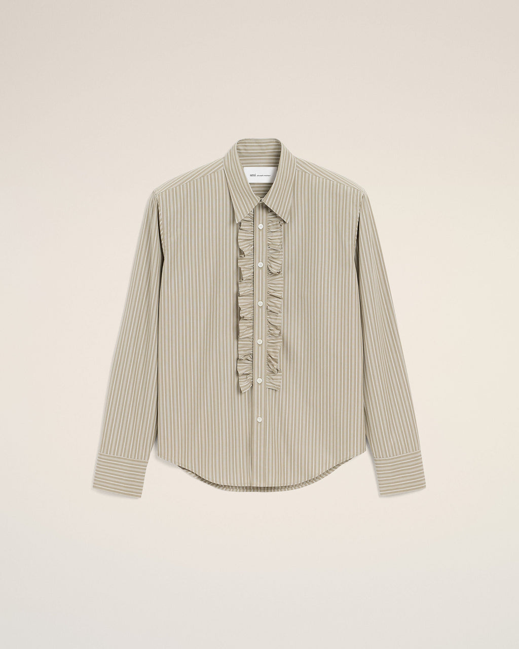 Beige Cotton Long Sleeve Ruffled Adjusted Shirt