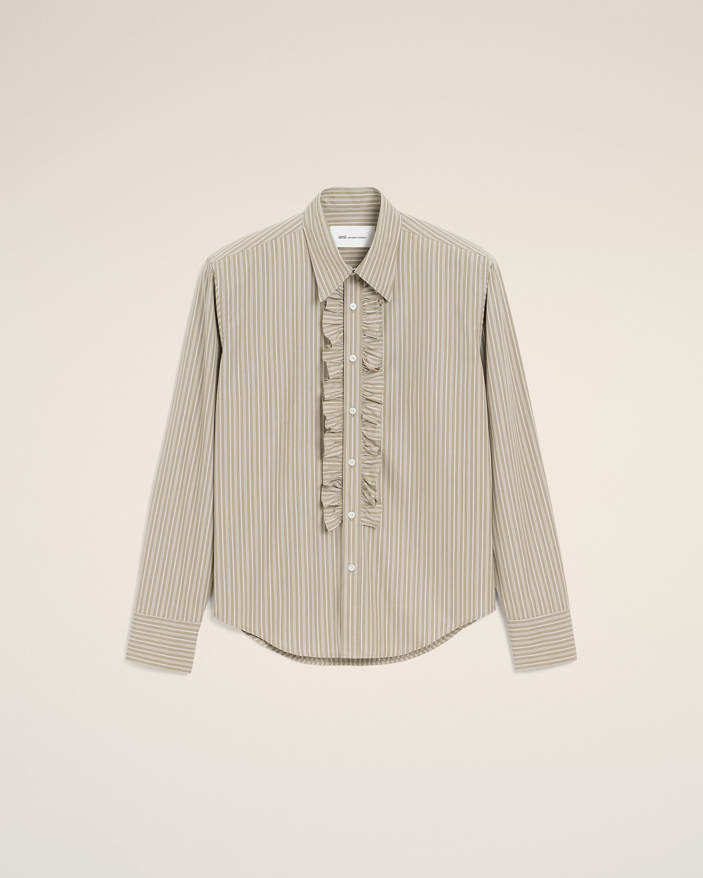 Beige Cotton Long Sleeve Ruffled Adjusted Shirt