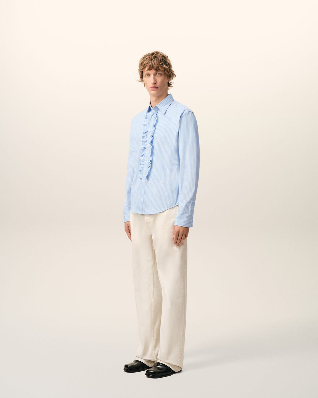 Blue Cotton Long Sleeve Ruffled Adjusted Shirt