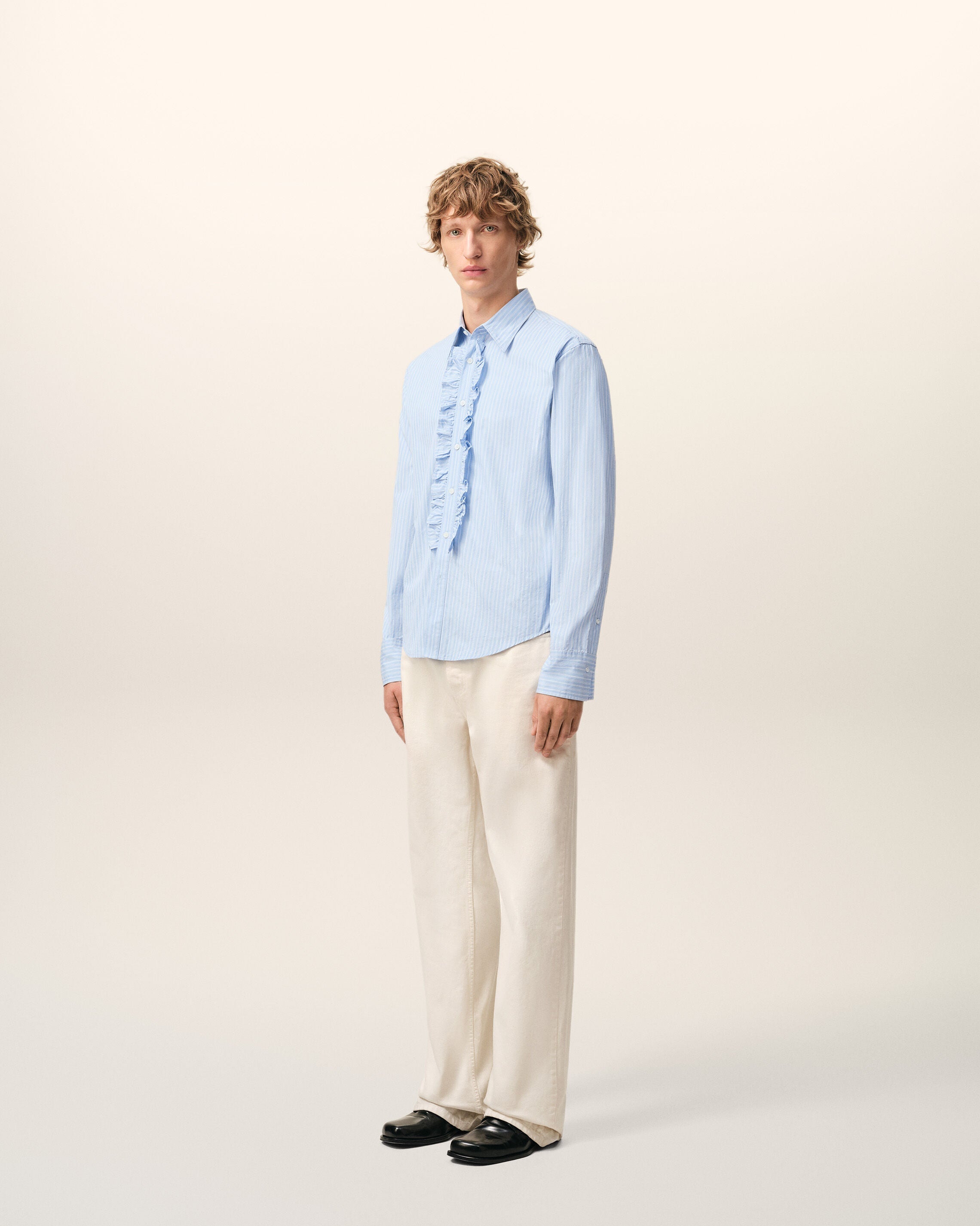 Blue Cotton Long Sleeve Ruffled Adjusted Shirt