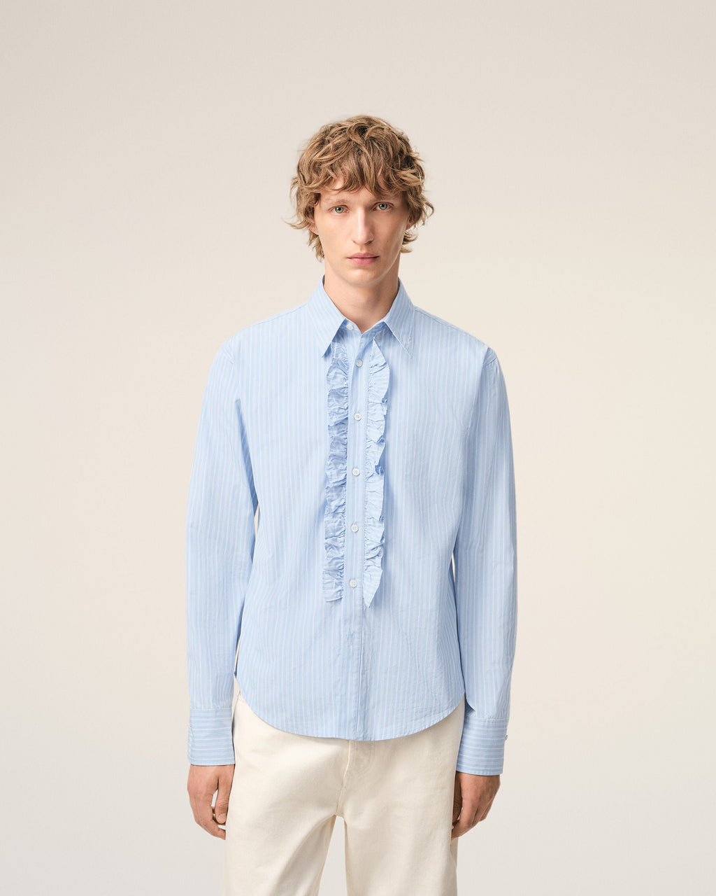 Blue Cotton Long Sleeve Ruffled Adjusted Shirt