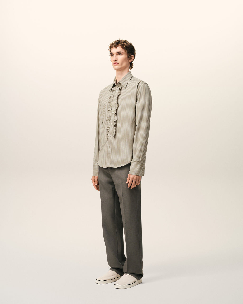 Beige Cotton Long Sleeve Ruffled Adjusted Shirt