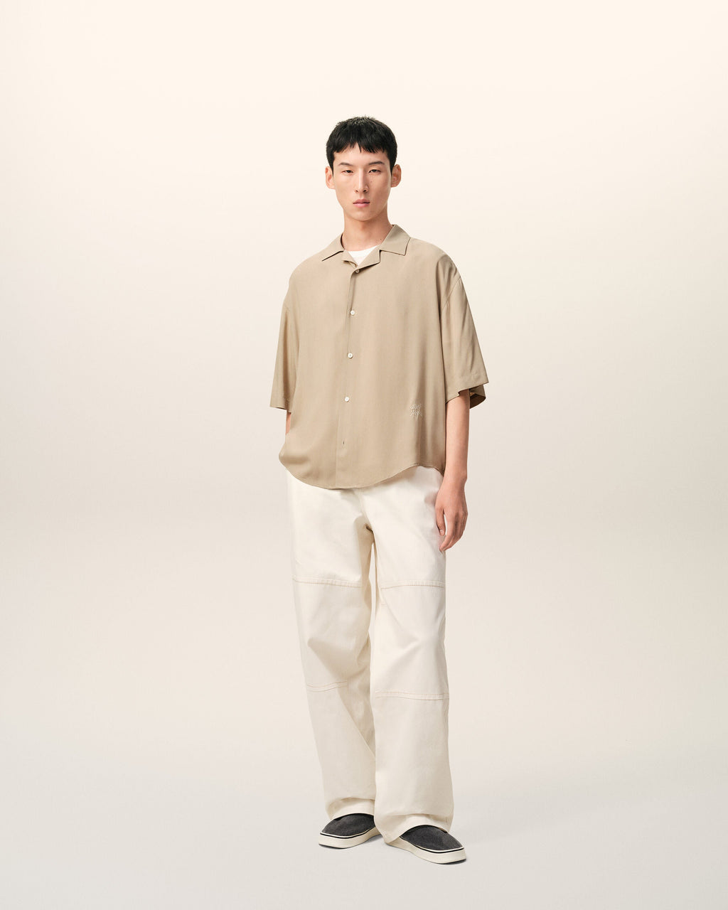 Beige Short Sleeve Embroidered Ami Paris Boxy Shirt