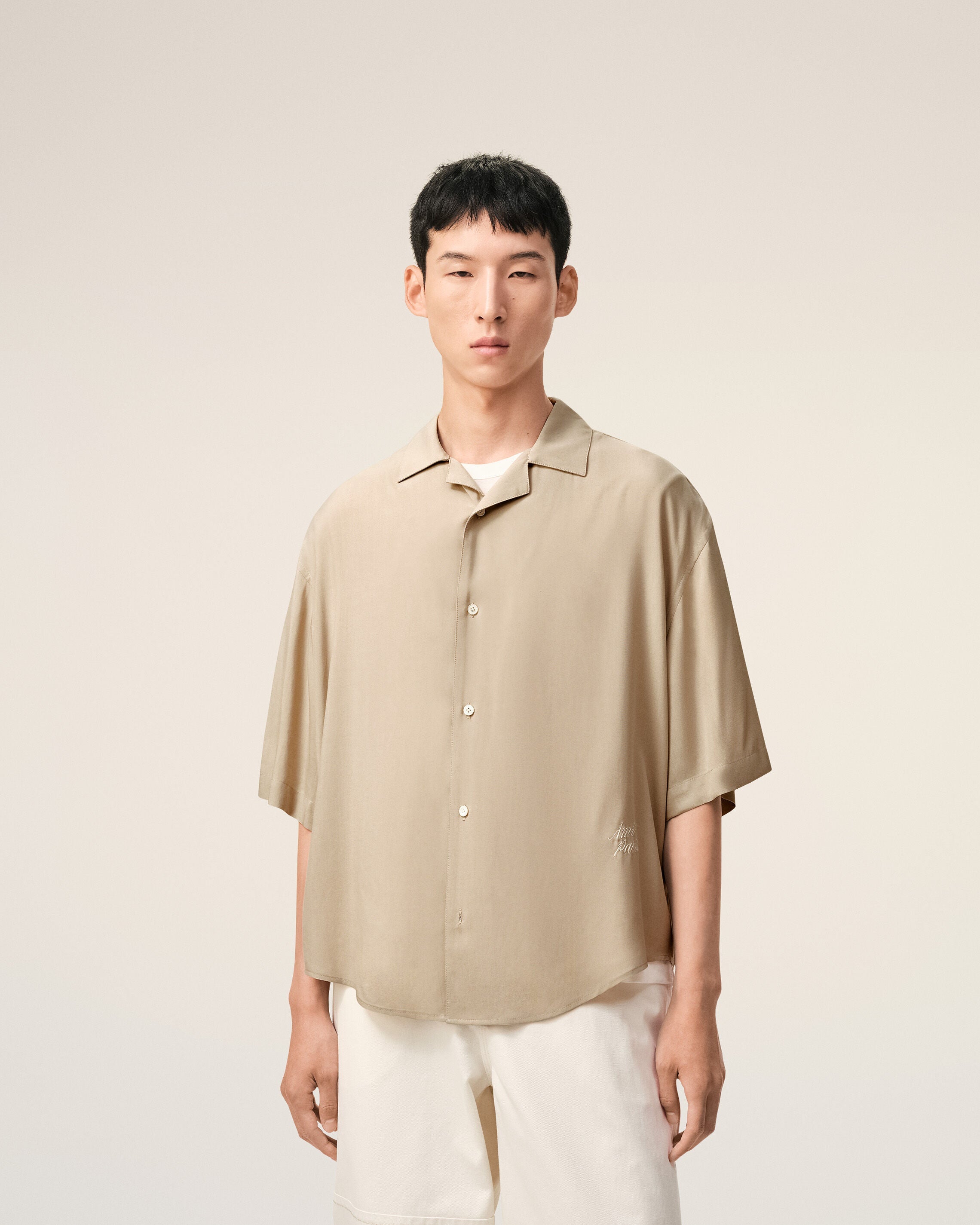Beige Short Sleeve Embroidered Ami Paris Boxy Shirt