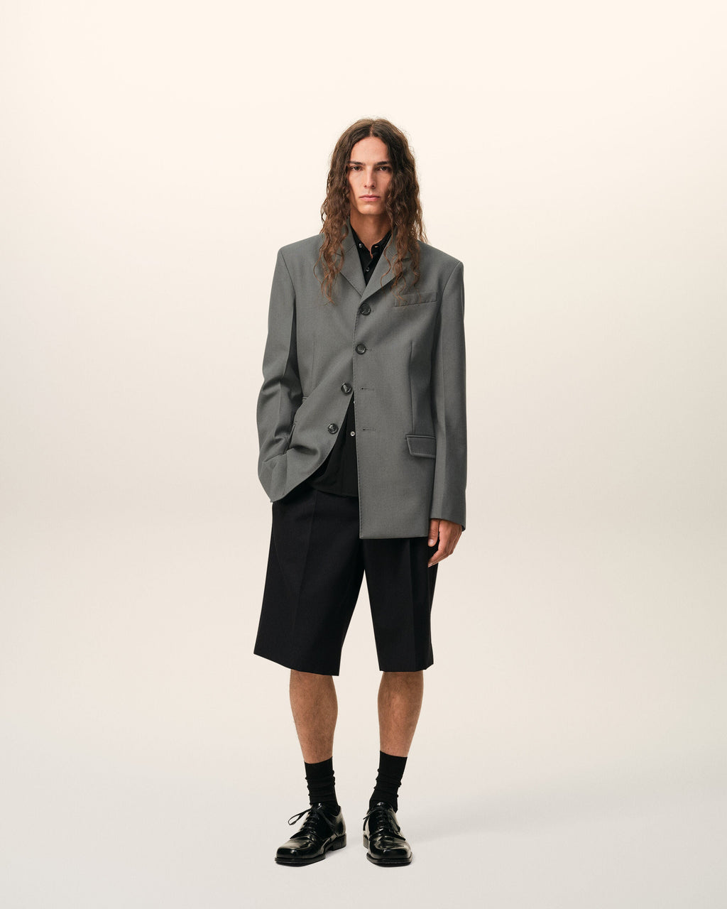 Black New Wool Low Waist Wide Bermuda Shorts