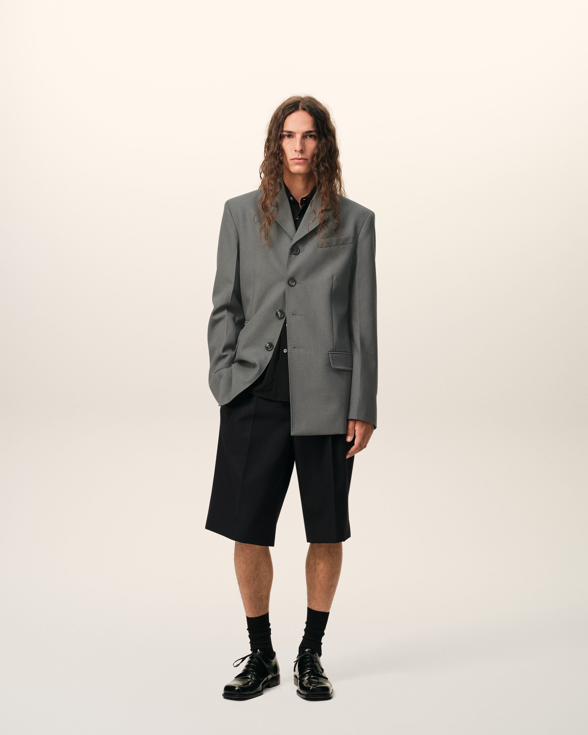 Black New Wool Low Waist Wide Bermuda Shorts
