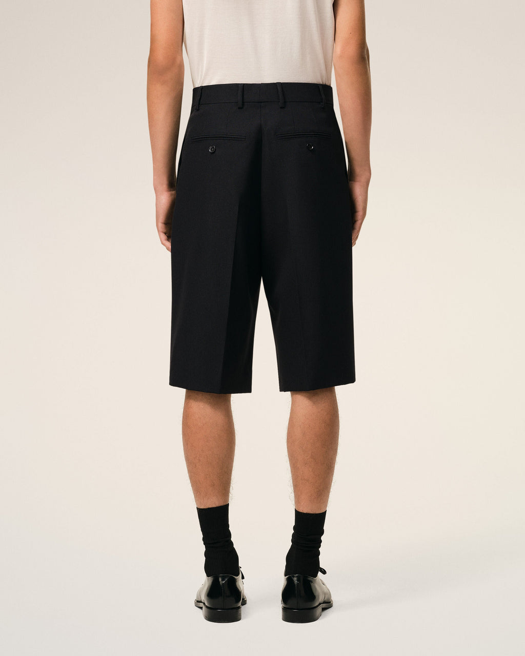 Black New Wool Low Waist Wide Bermuda Shorts