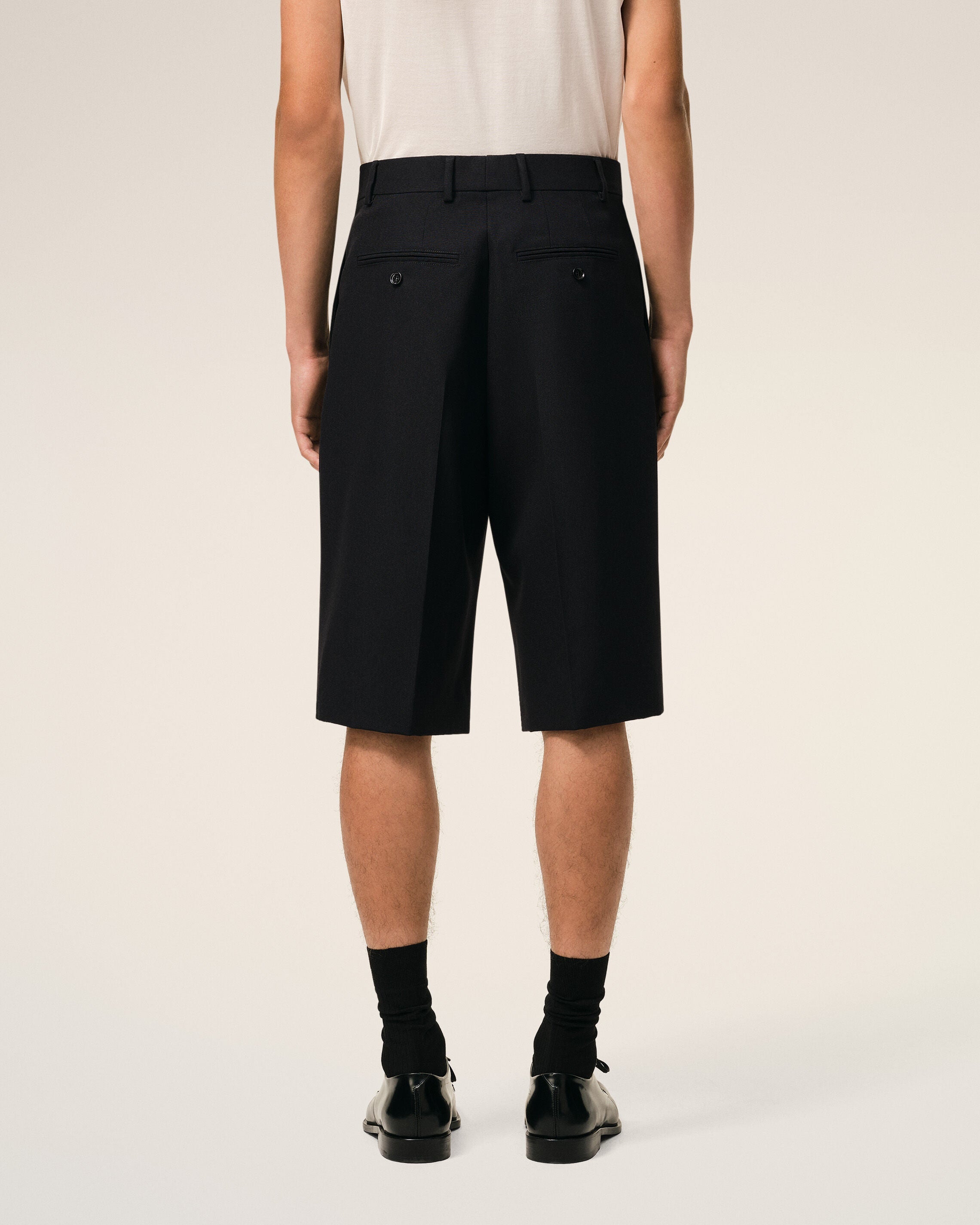 Black New Wool Low Waist Wide Bermuda Shorts
