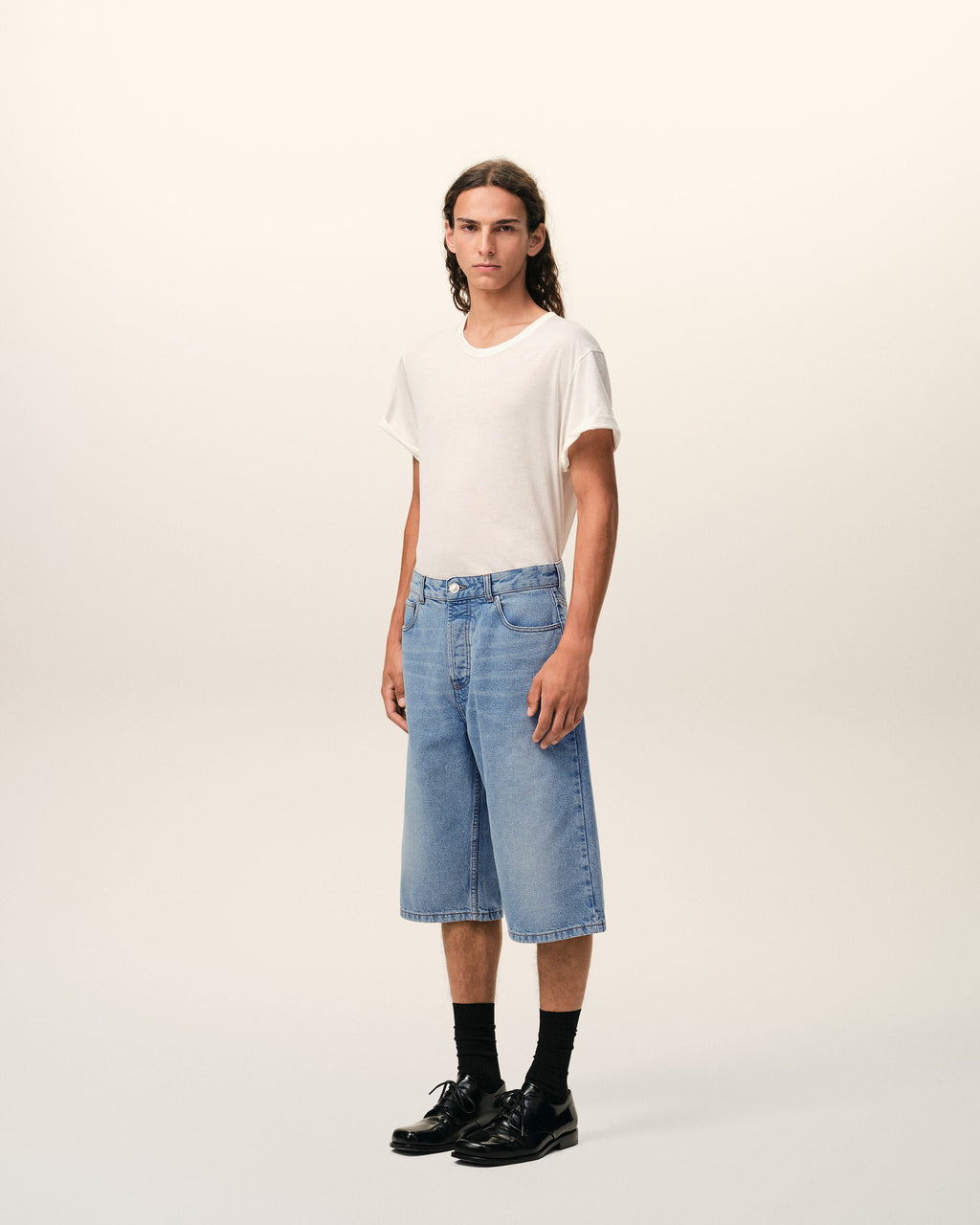 Blue Cotton Large Fit Bermuda Shorts