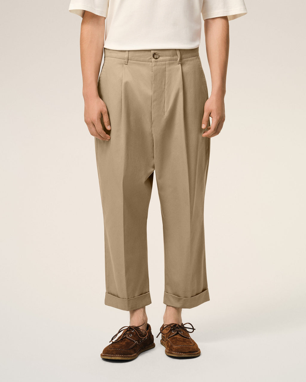Beige Cotton Carrot Oversized Trousers