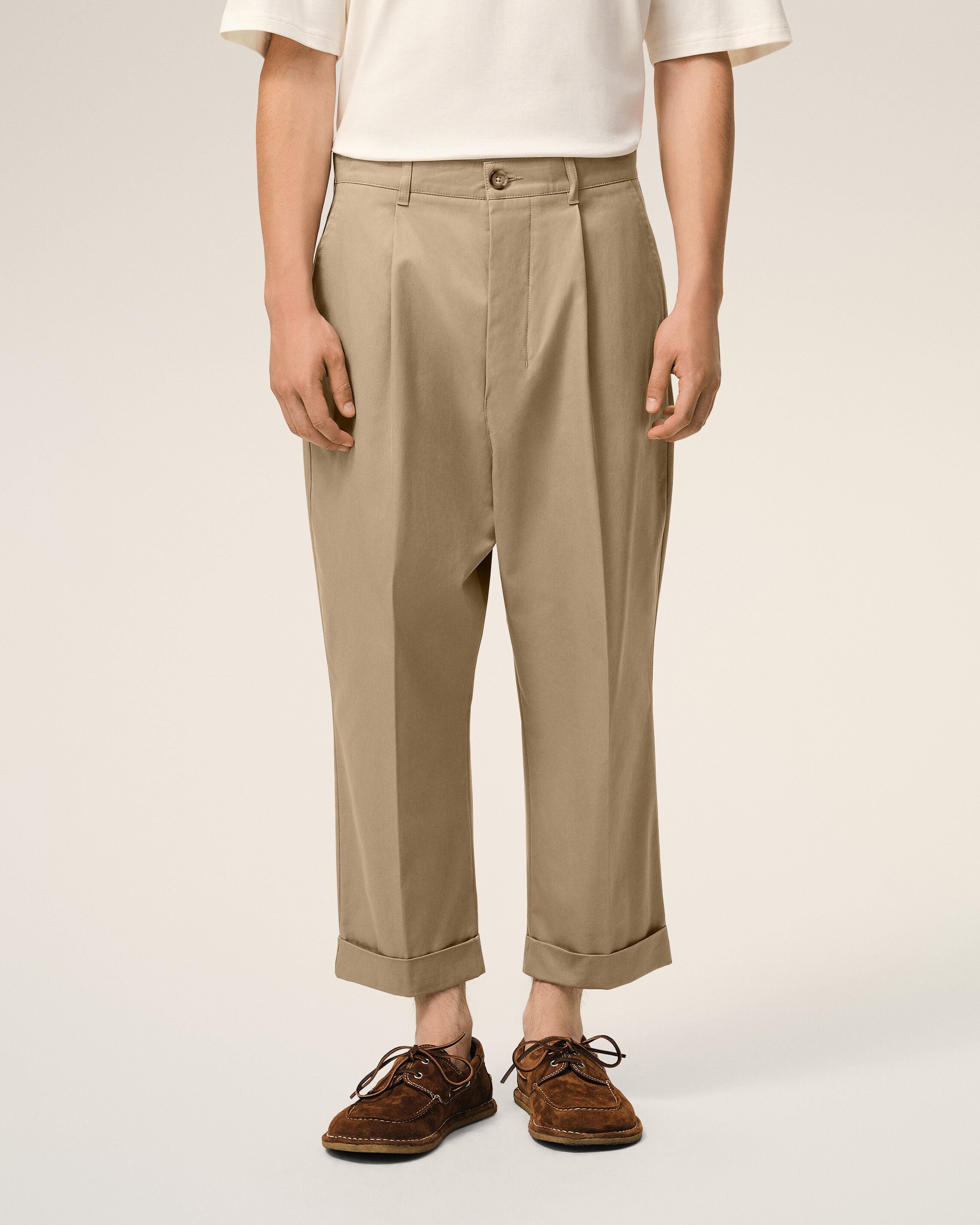 Beige Cotton Carrot Oversized Trousers