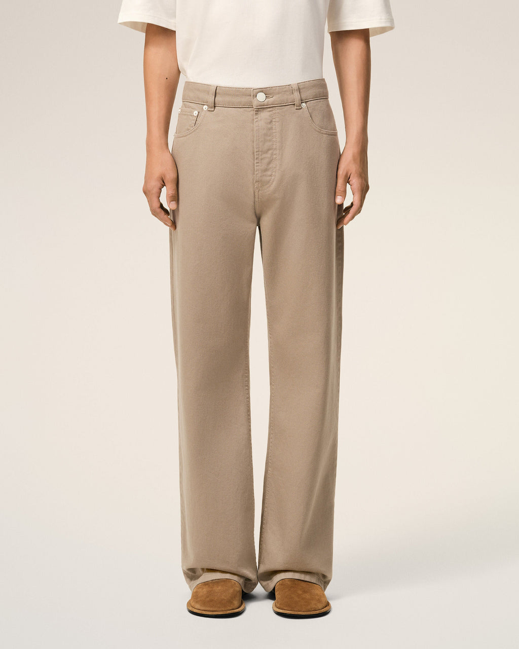 Beige Cotton Large Fit Jeans