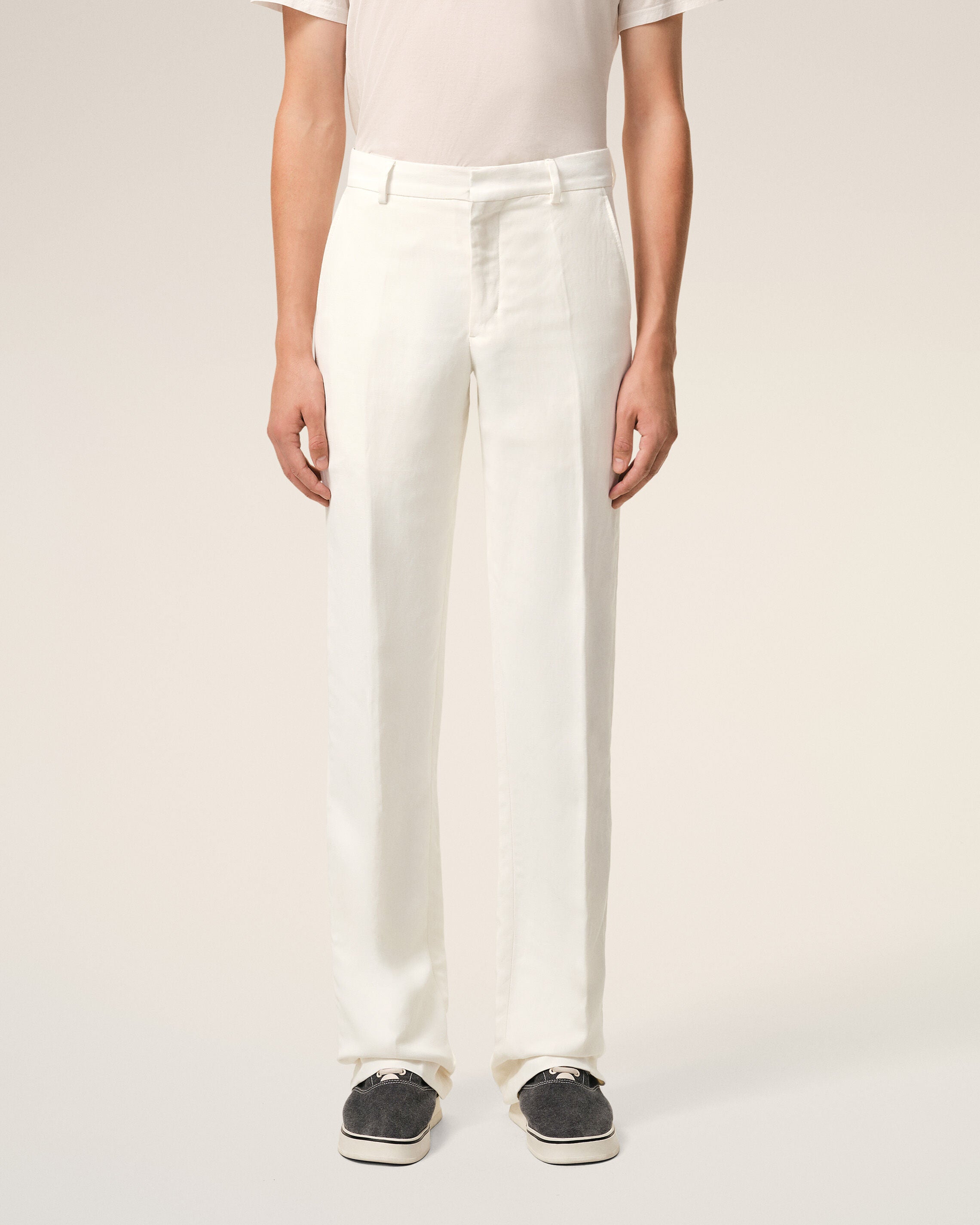White Blended Linen Straight Trousers