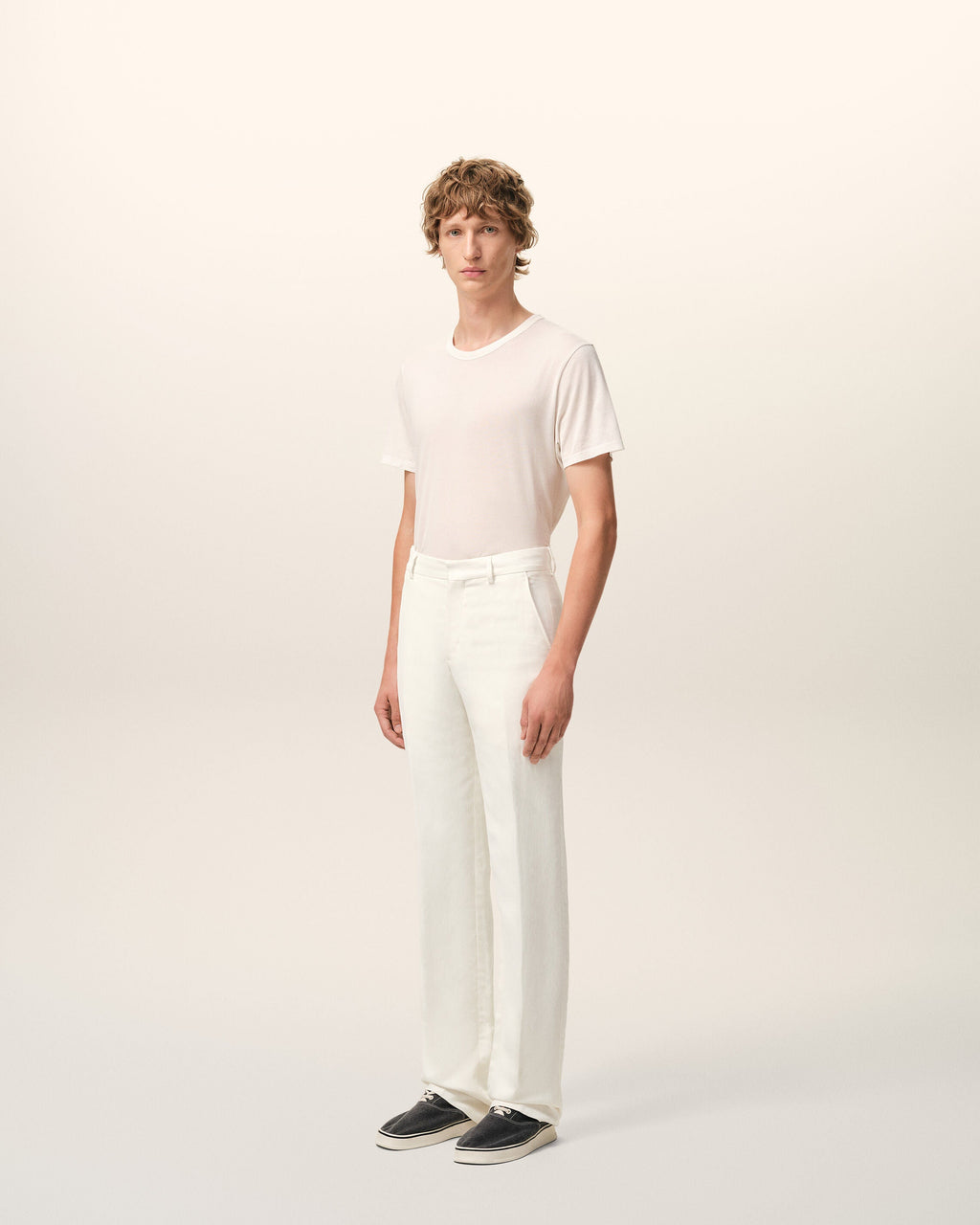 White Blended Linen Straight Trousers