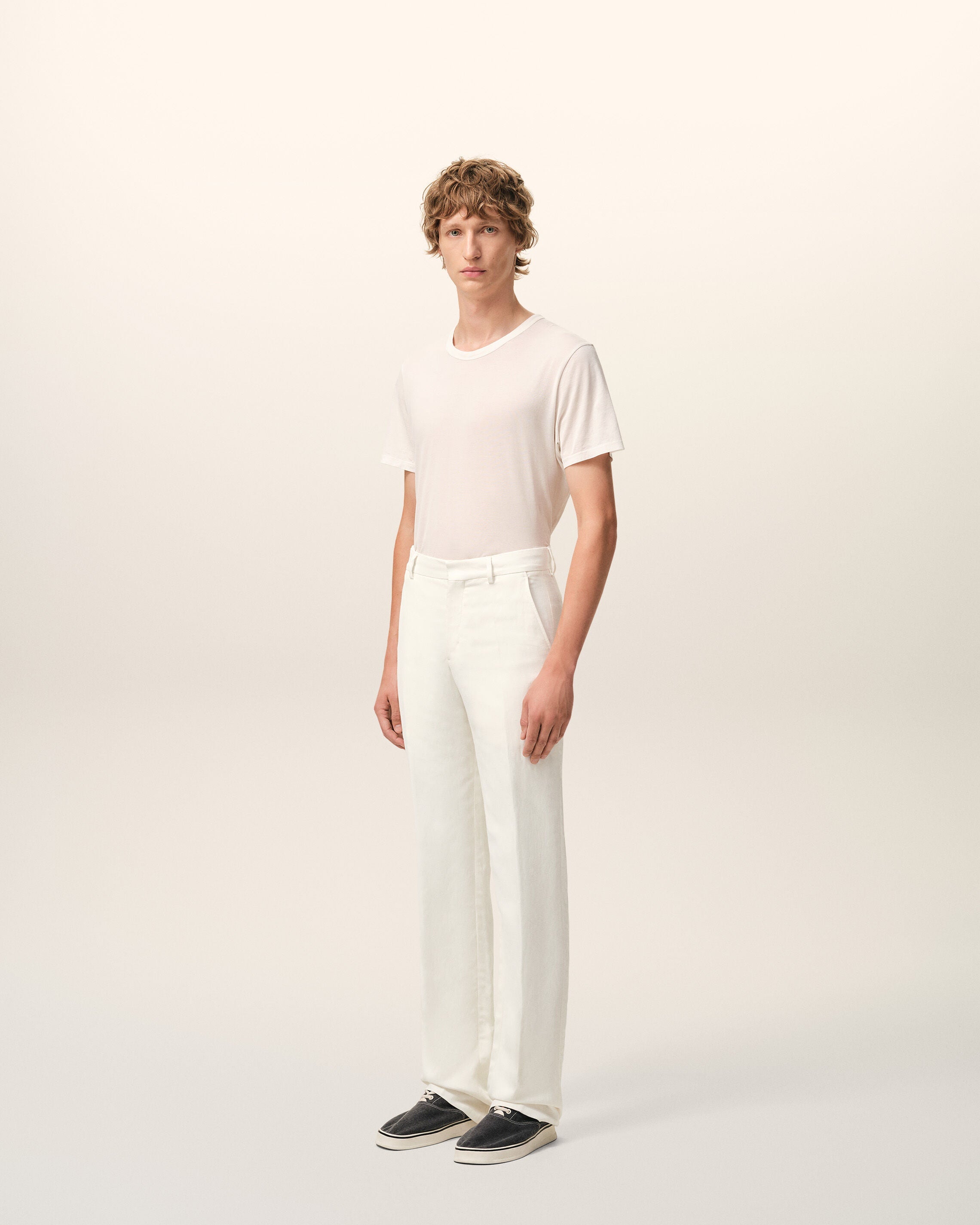 White Blended Linen Straight Trousers
