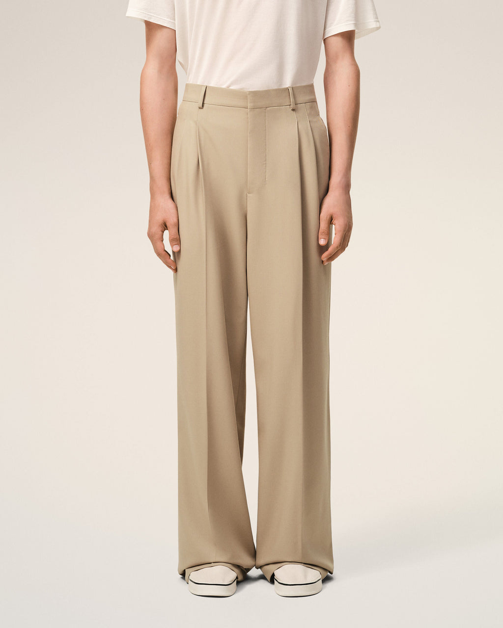 Beige New Wool Low Waist Wide Trousers
