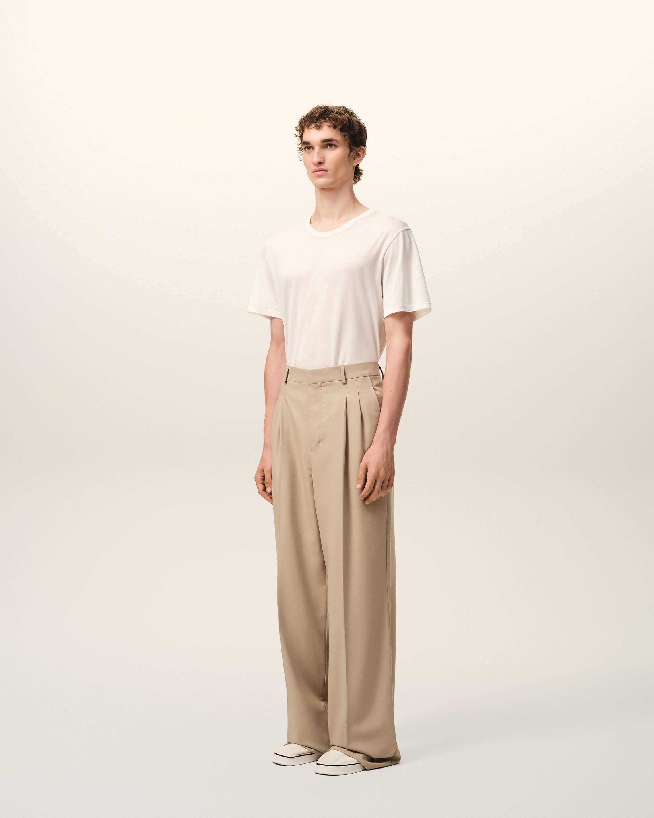 Beige New Wool Low Waist Wide Trousers