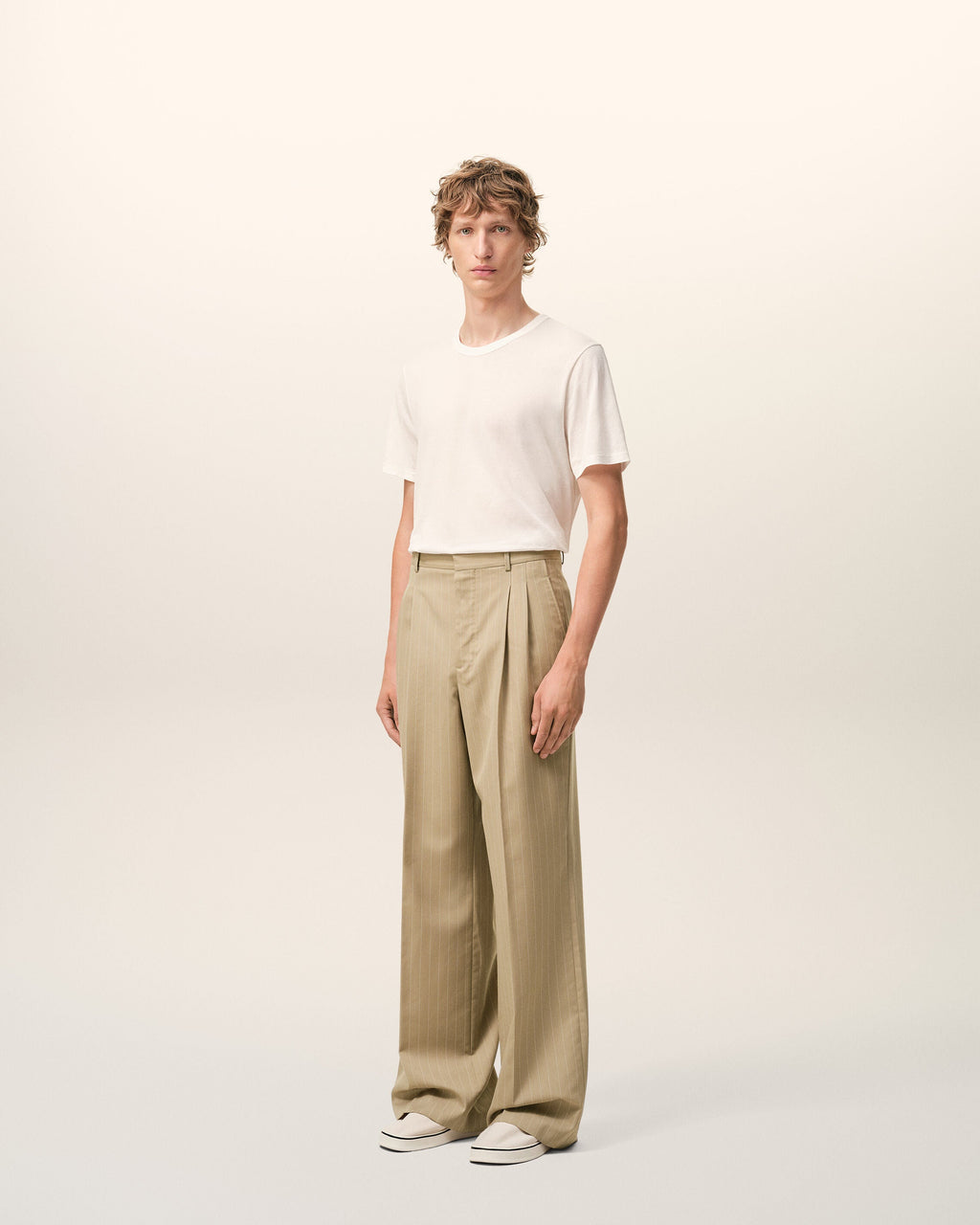 Beige New Wool Low Waist Wide Trousers