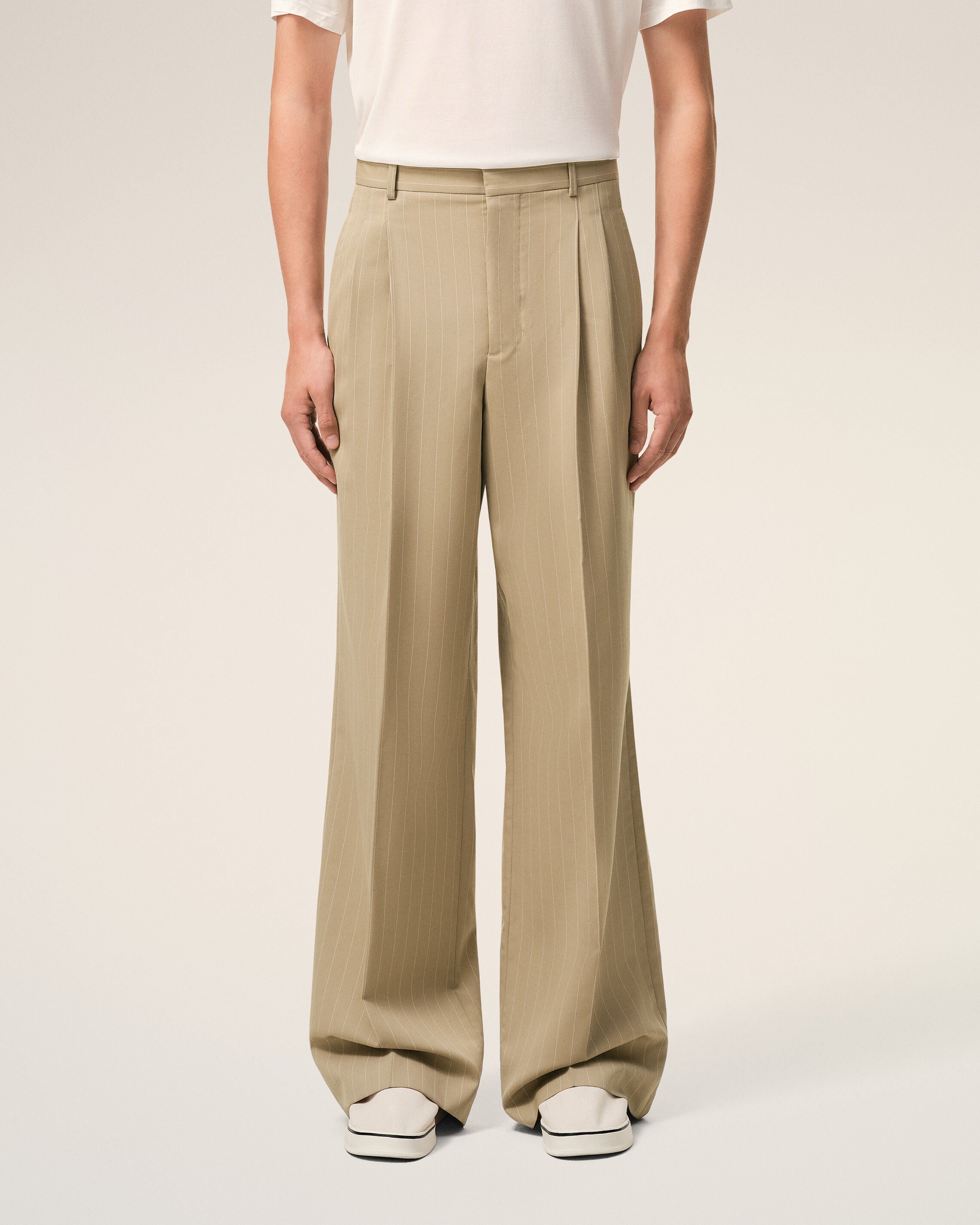 Beige New Wool Low Waist Wide Trousers