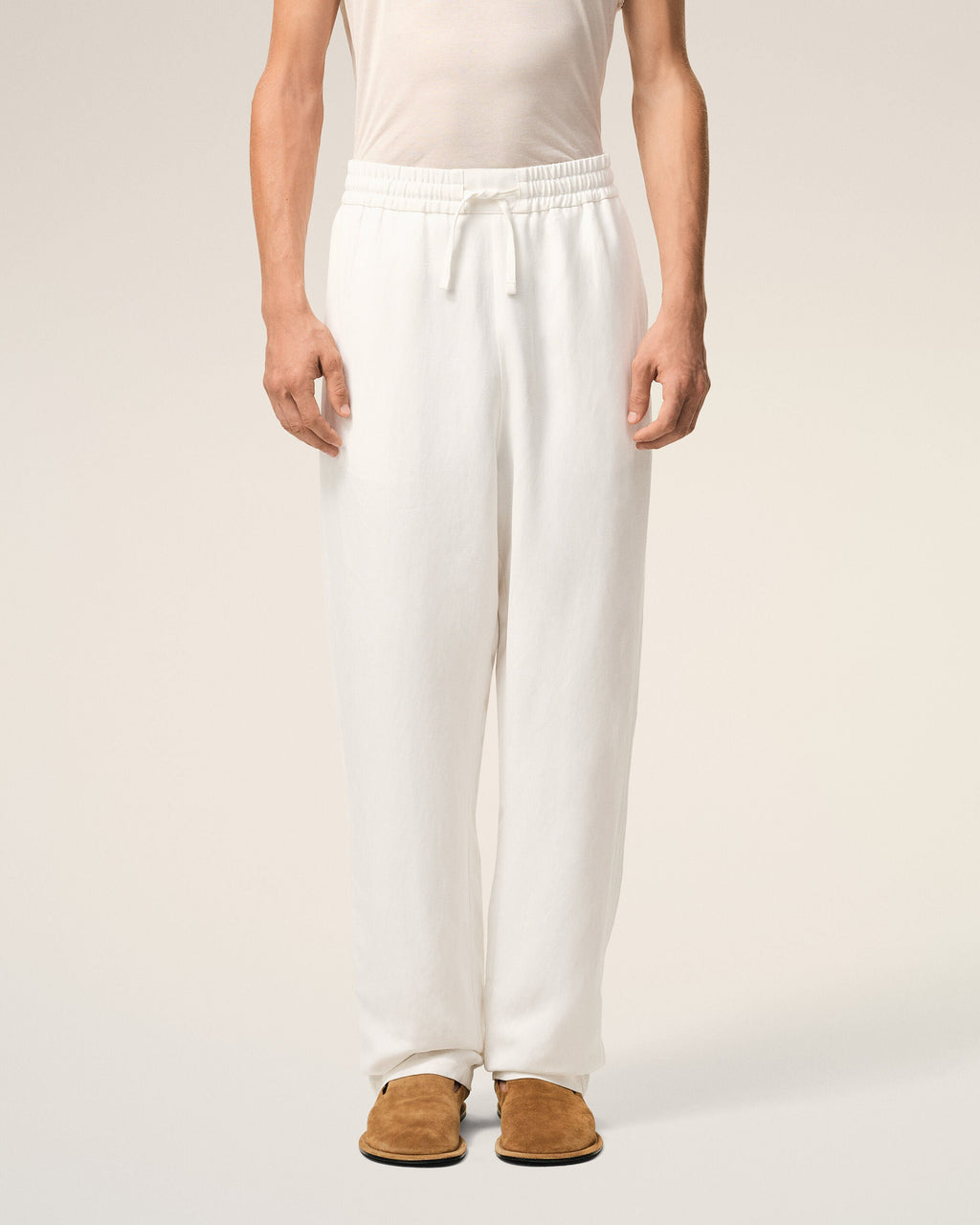White Blended Linen Elasticated Waist Trousers