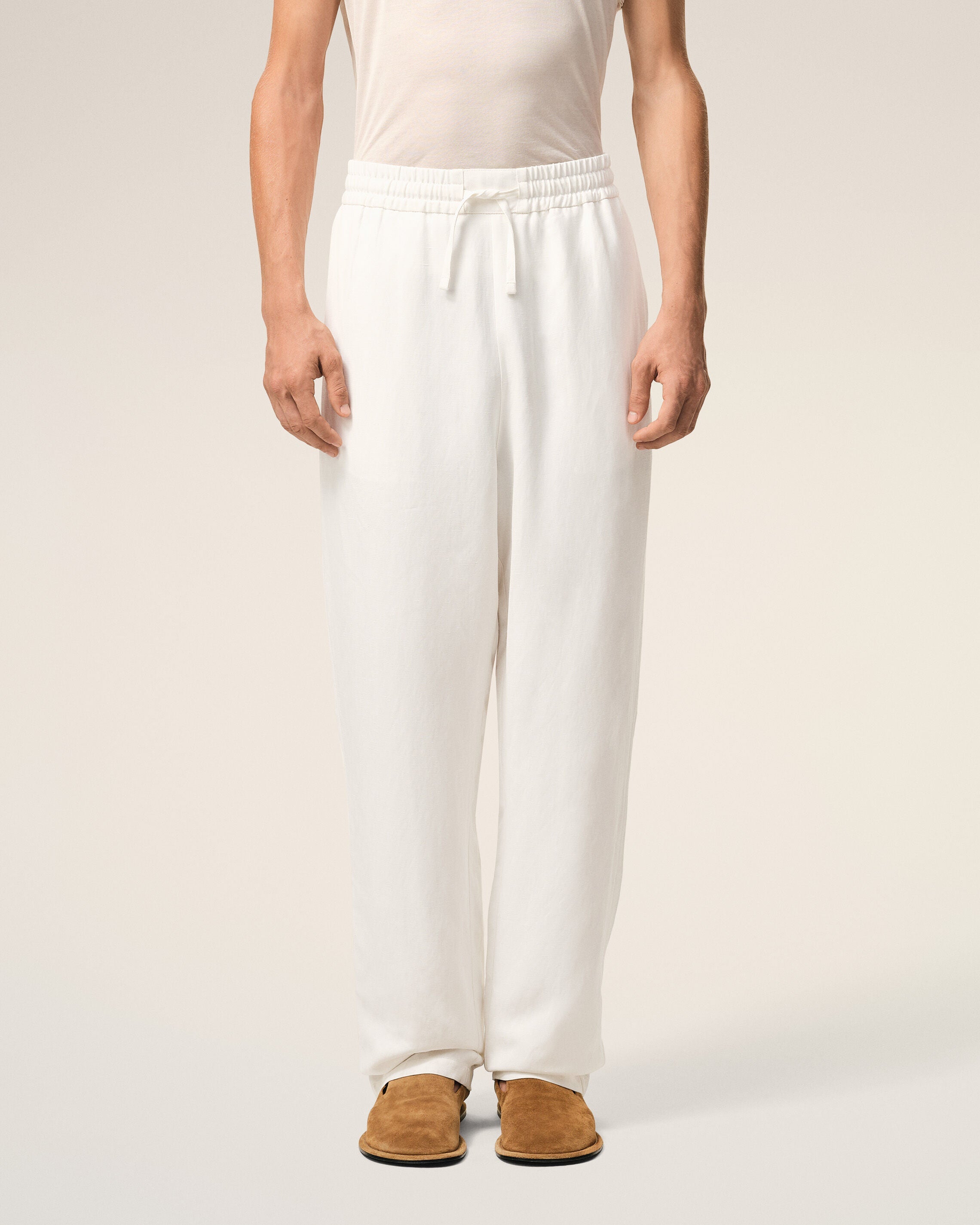 White Blended Linen Elasticated Waist Trousers