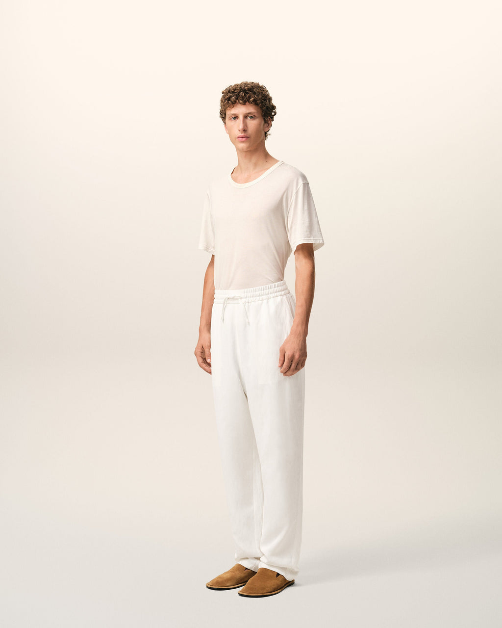 White Blended Linen Elasticated Waist Trousers