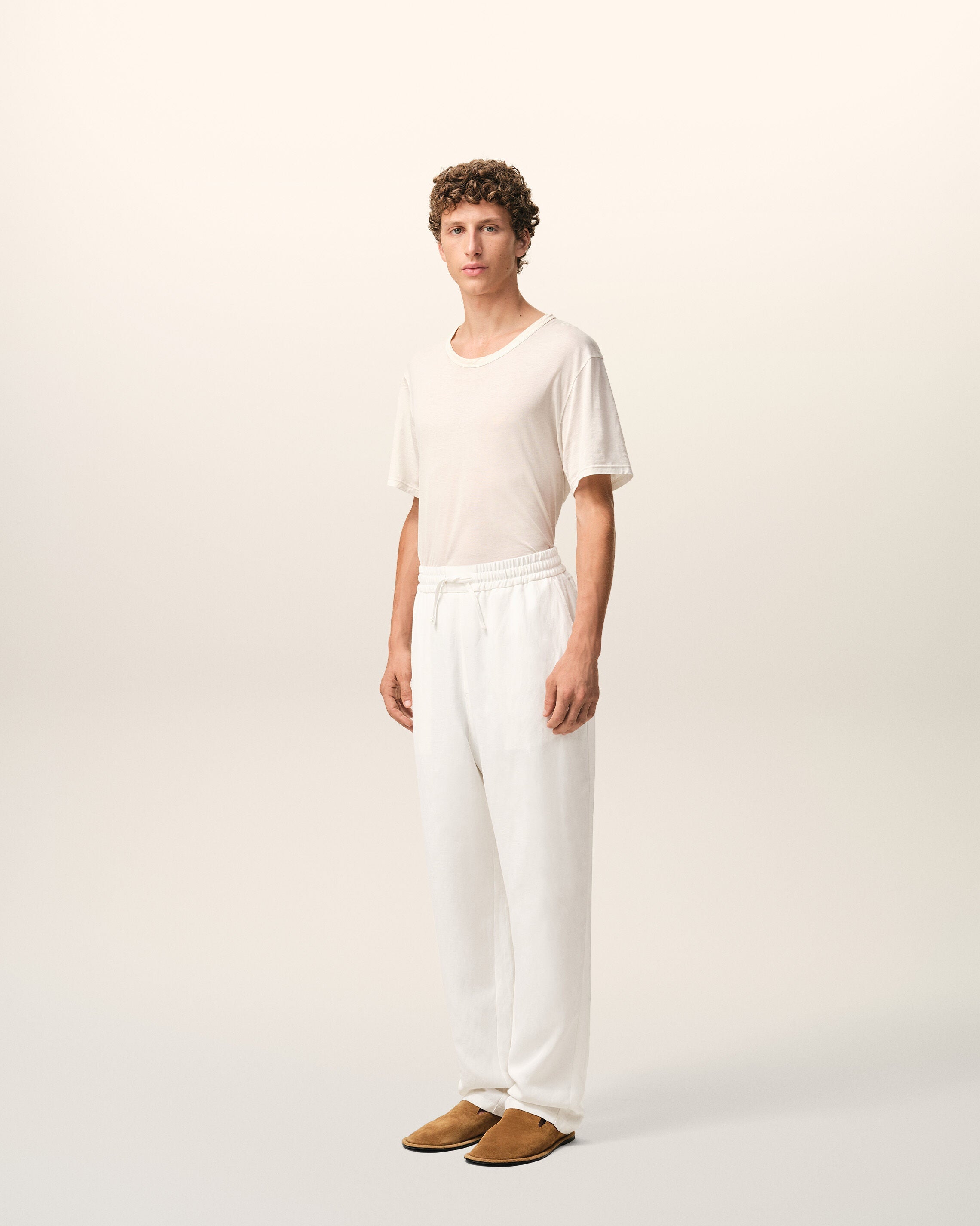 White Blended Linen Elasticated Waist Trousers