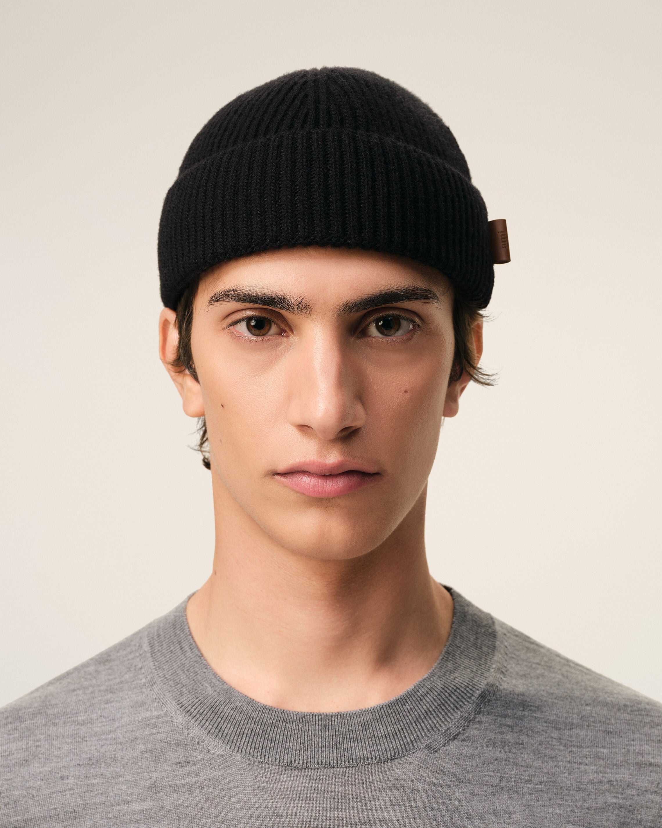 Black Wool Ami Leather Label Beanie