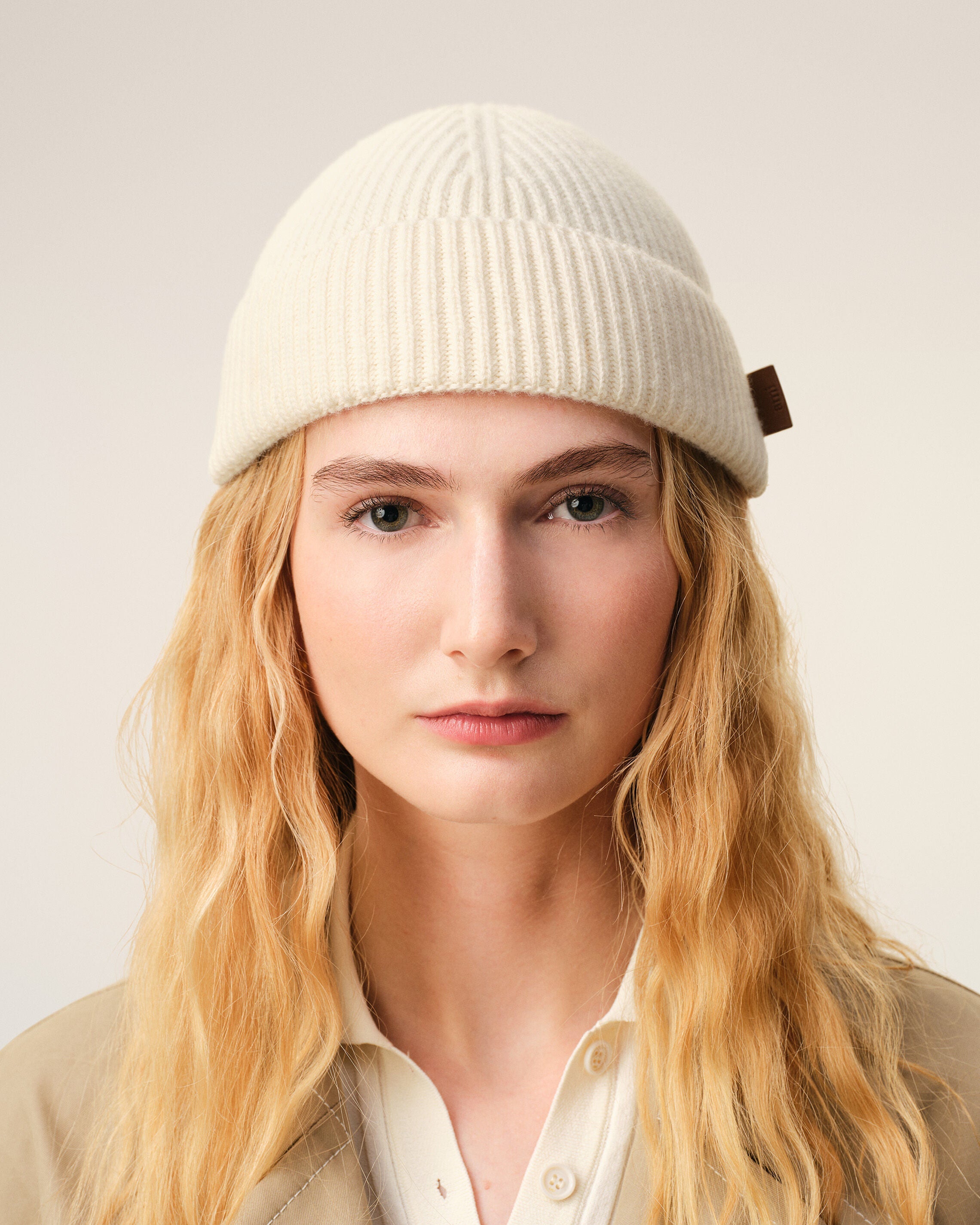 White Wool Ami Leather Label Beanie