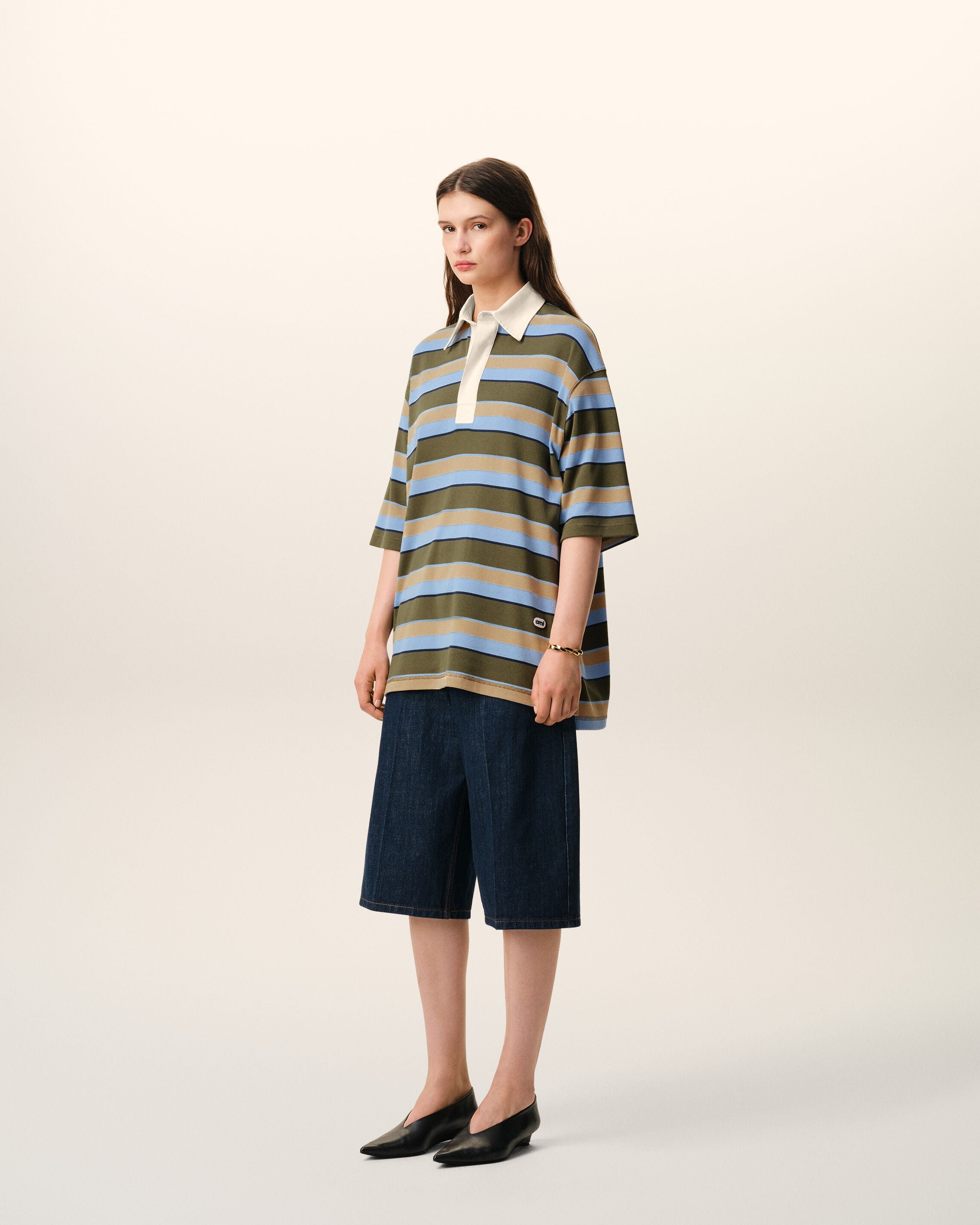 Blue Striped Cotton Ami Patch Polo