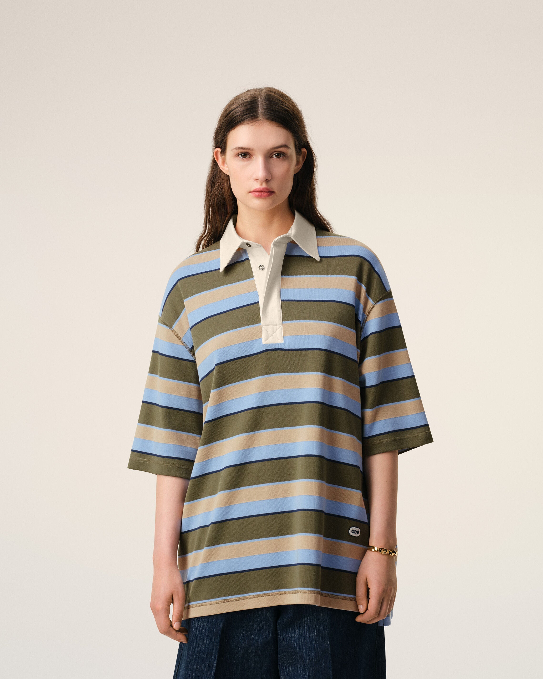 Blue Striped Cotton Ami Patch Polo