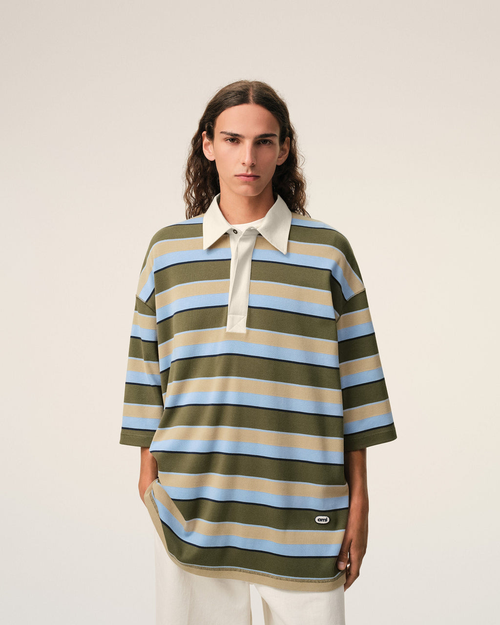 Blue Striped Cotton Ami Patch Polo