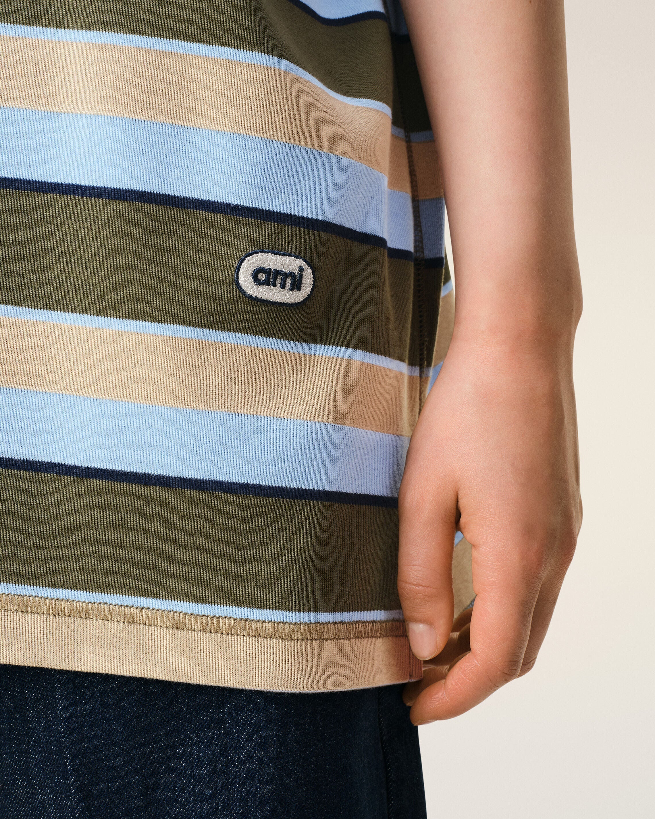 Blue Striped Cotton Ami Patch Polo