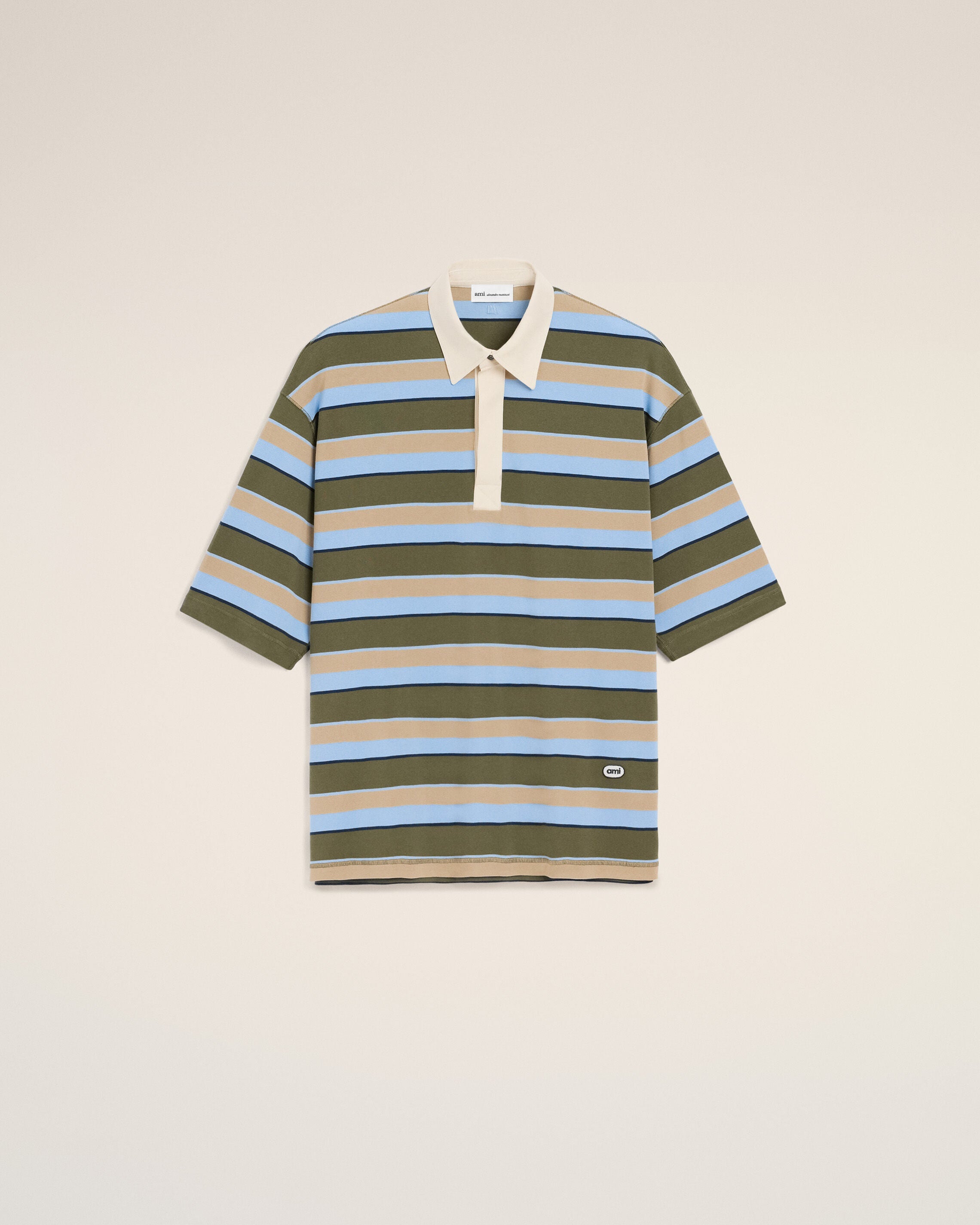 Blue Striped Cotton Ami Patch Polo