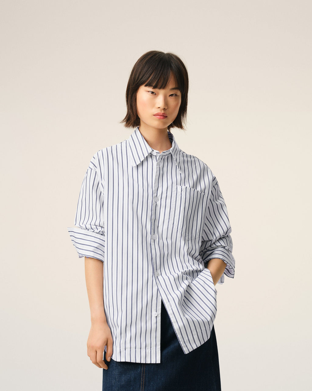 White Striped Cotton Ami De Coeur Wide Shirt