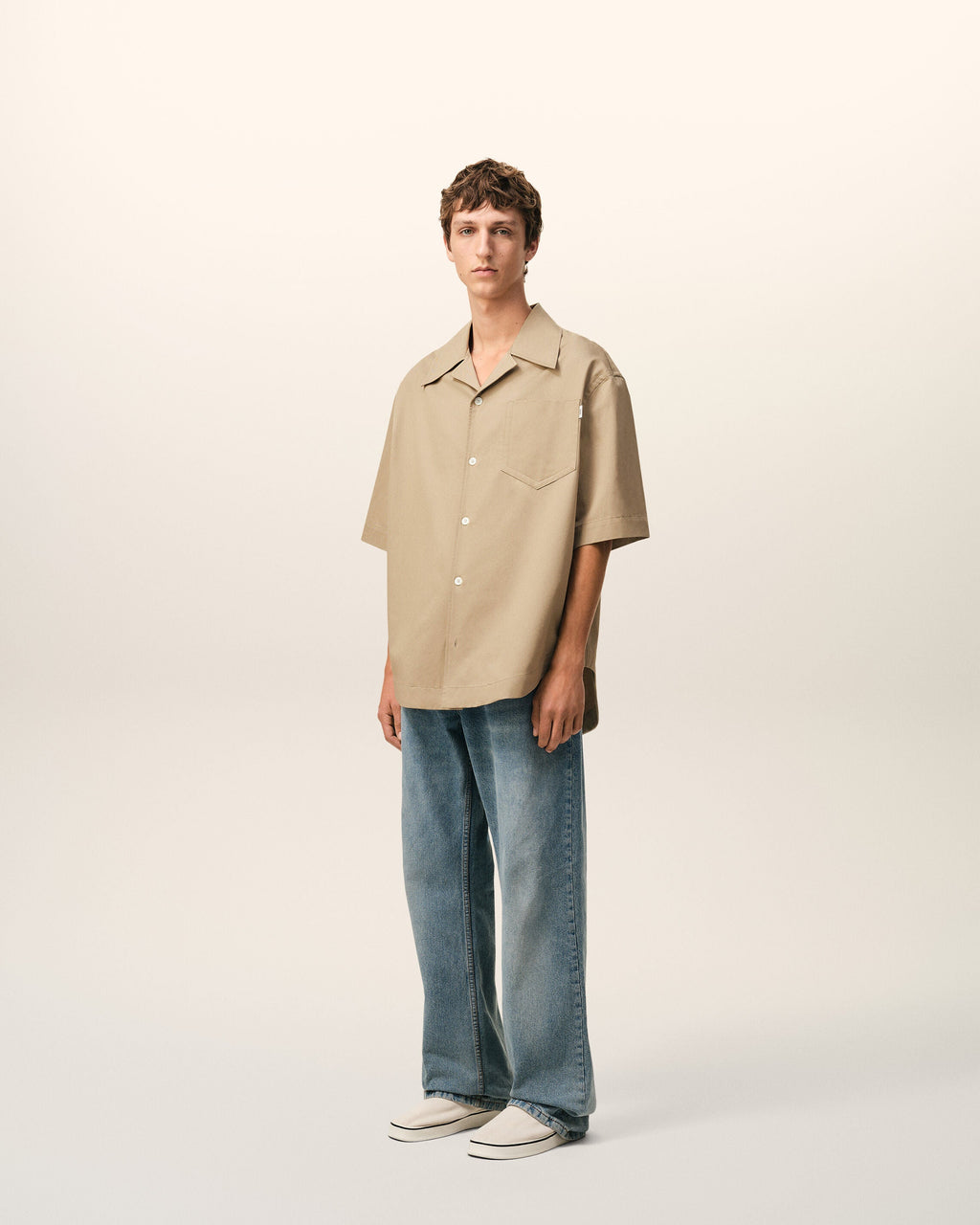 Beige Cotton Short Sleeve Camp Collar Wide Shirt