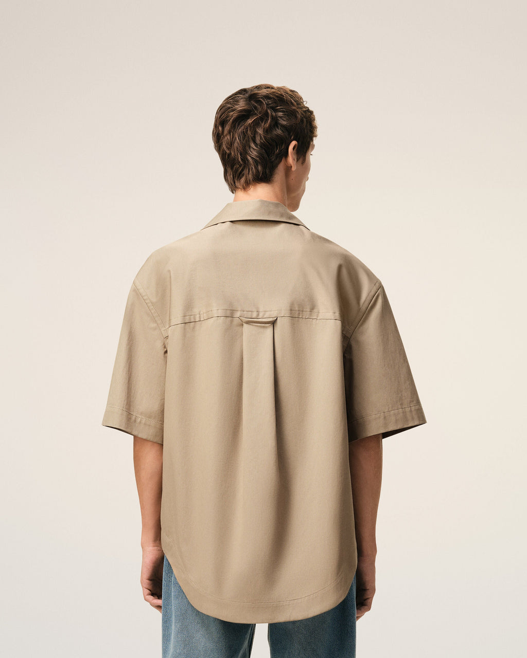 Beige Cotton Short Sleeve Camp Collar Wide Shirt