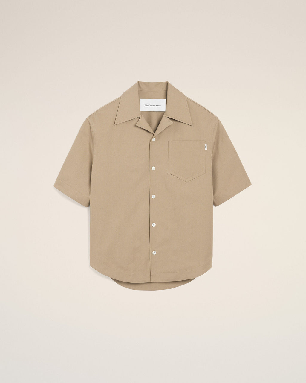 Beige Cotton Short Sleeve Camp Collar Wide Shirt