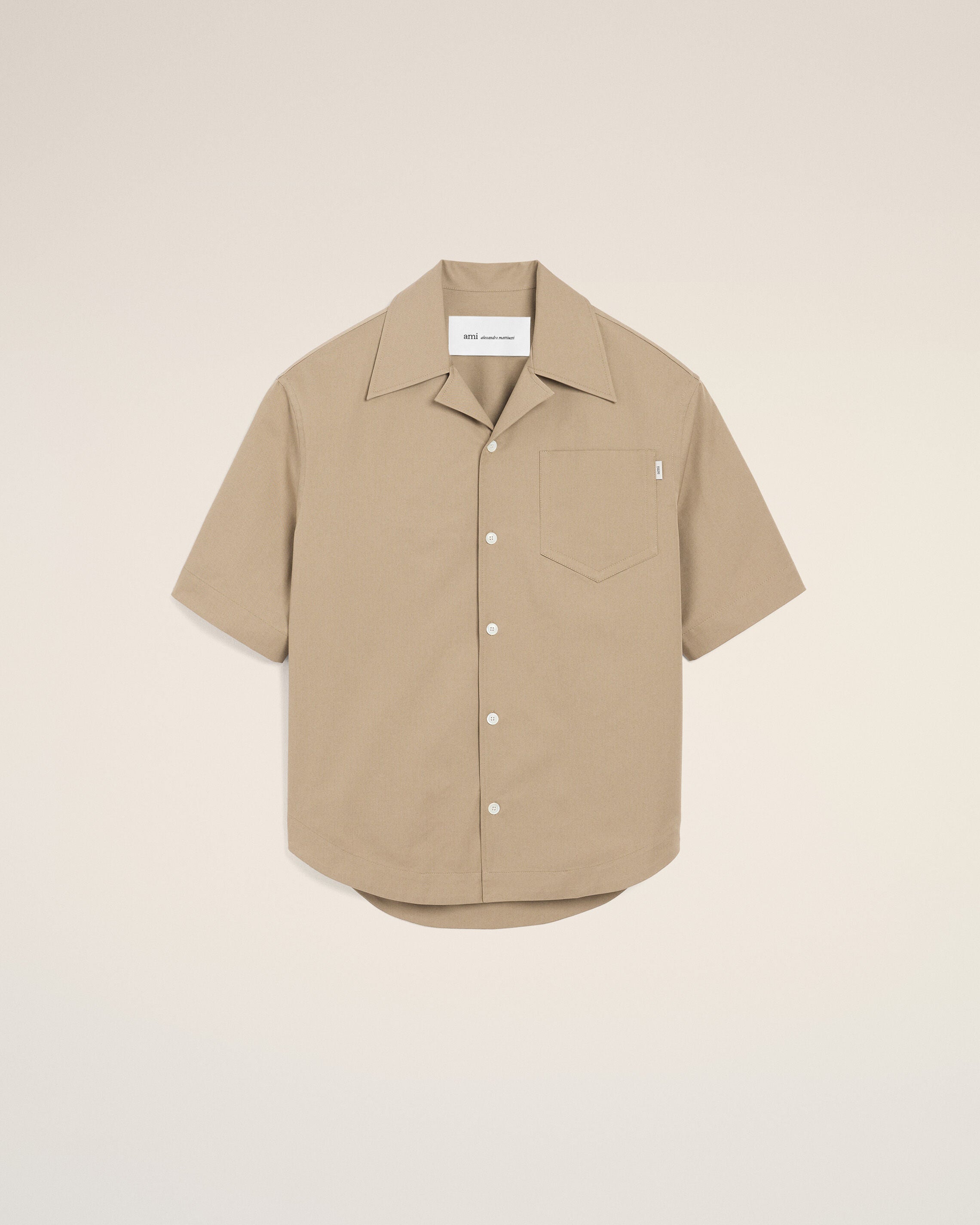 Beige Cotton Short Sleeve Camp Collar Wide Shirt