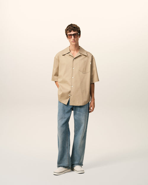Beige Cotton Short Sleeve Camp Collar Wide Shirt