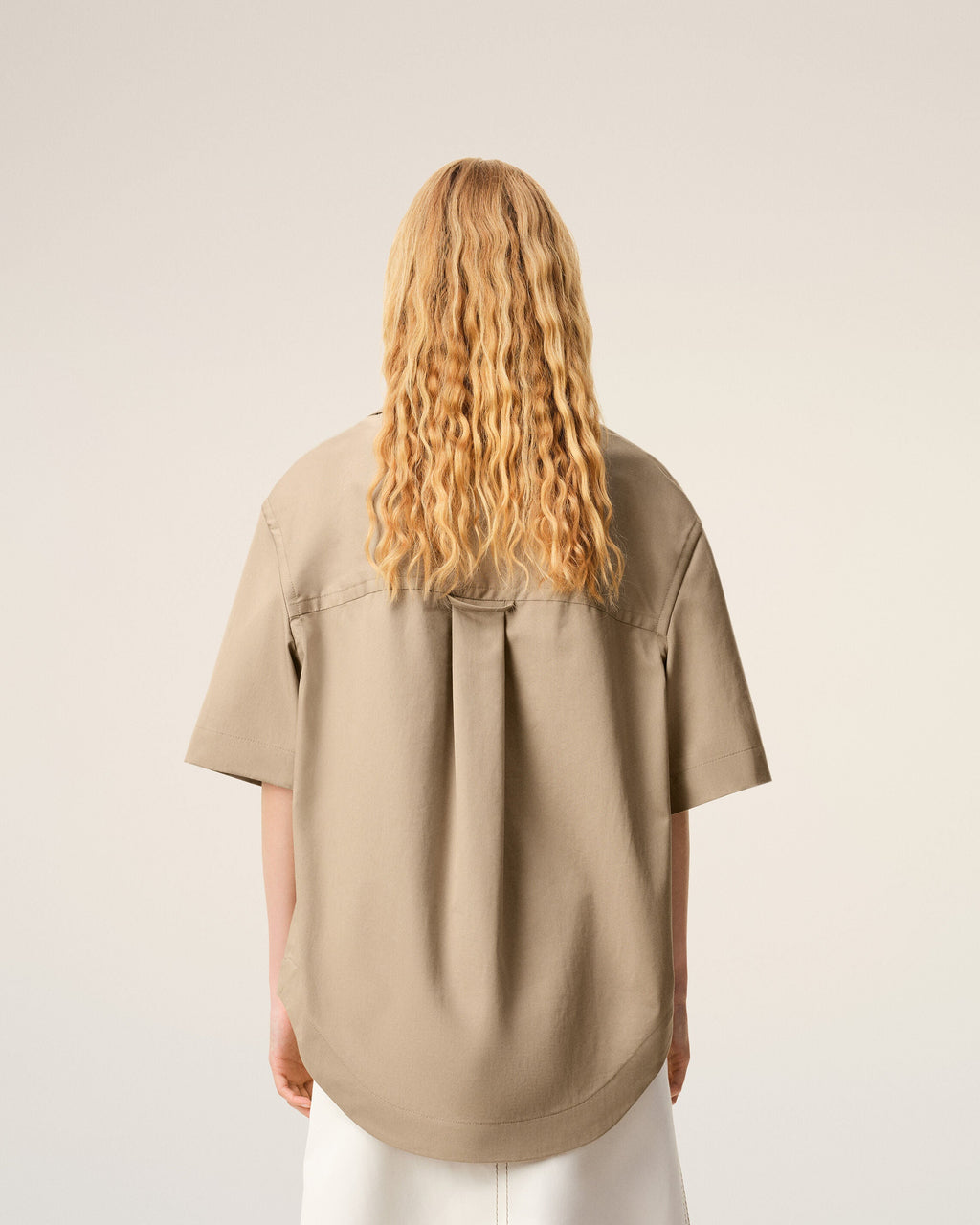 Beige Cotton Short Sleeve Camp Collar Wide Shirt