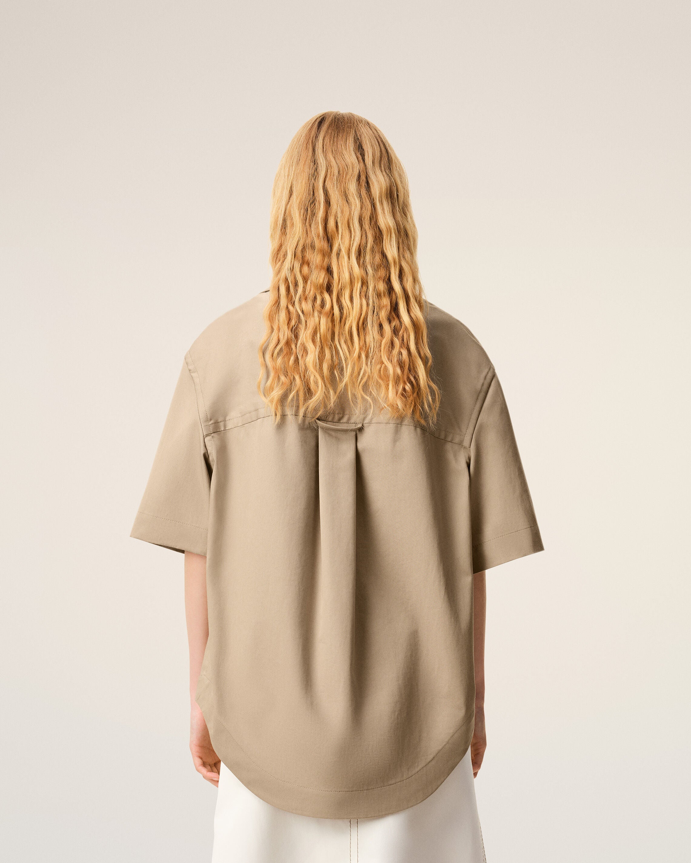 Beige Cotton Short Sleeve Camp Collar Wide Shirt
