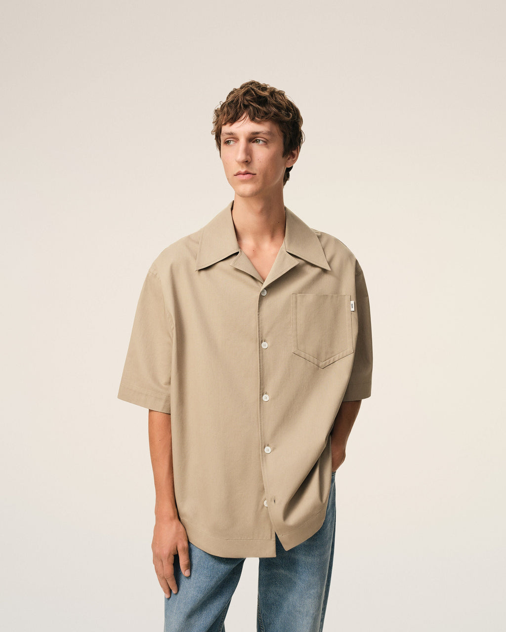 Beige Cotton Short Sleeve Camp Collar Wide Shirt