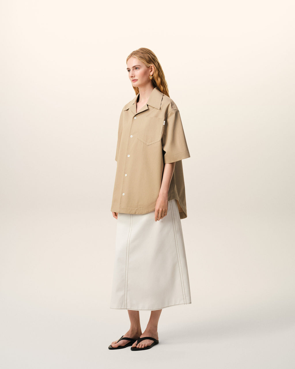 Beige Cotton Short Sleeve Camp Collar Wide Shirt