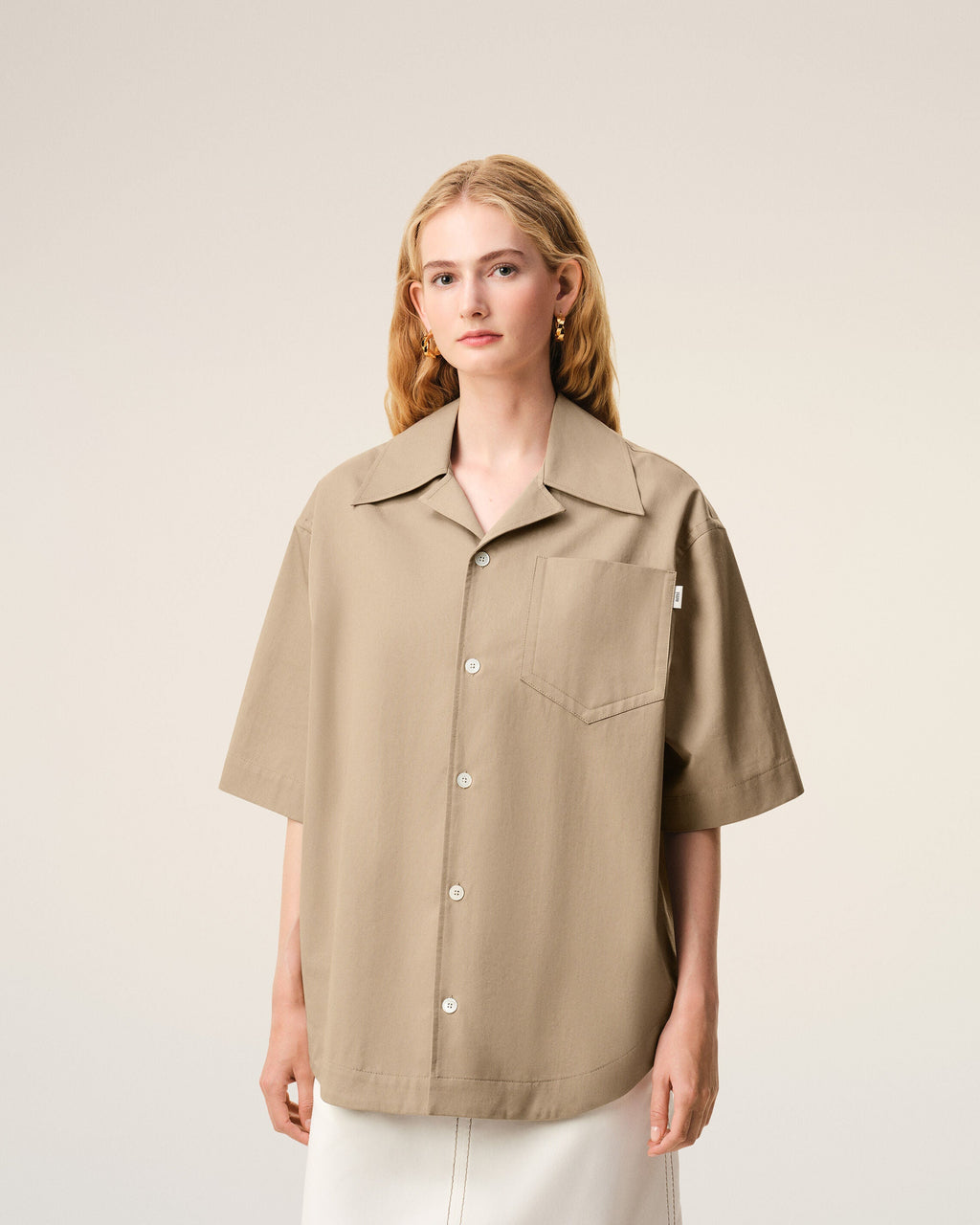 Beige Cotton Short Sleeve Camp Collar Wide Shirt
